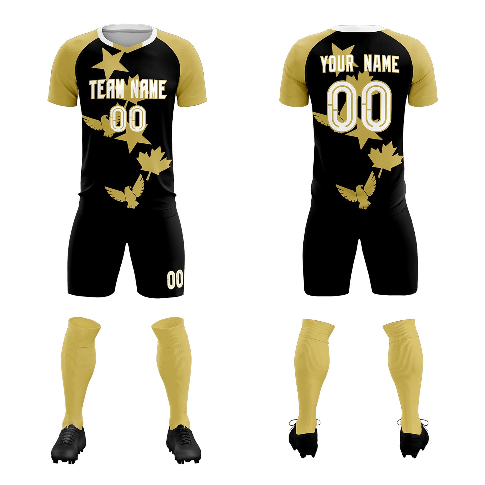 Custom Old Gold Black World Cup Inspired Wrinkle-Resistant Training Uniform Raglan Sleeve Soccer Sets Jersey