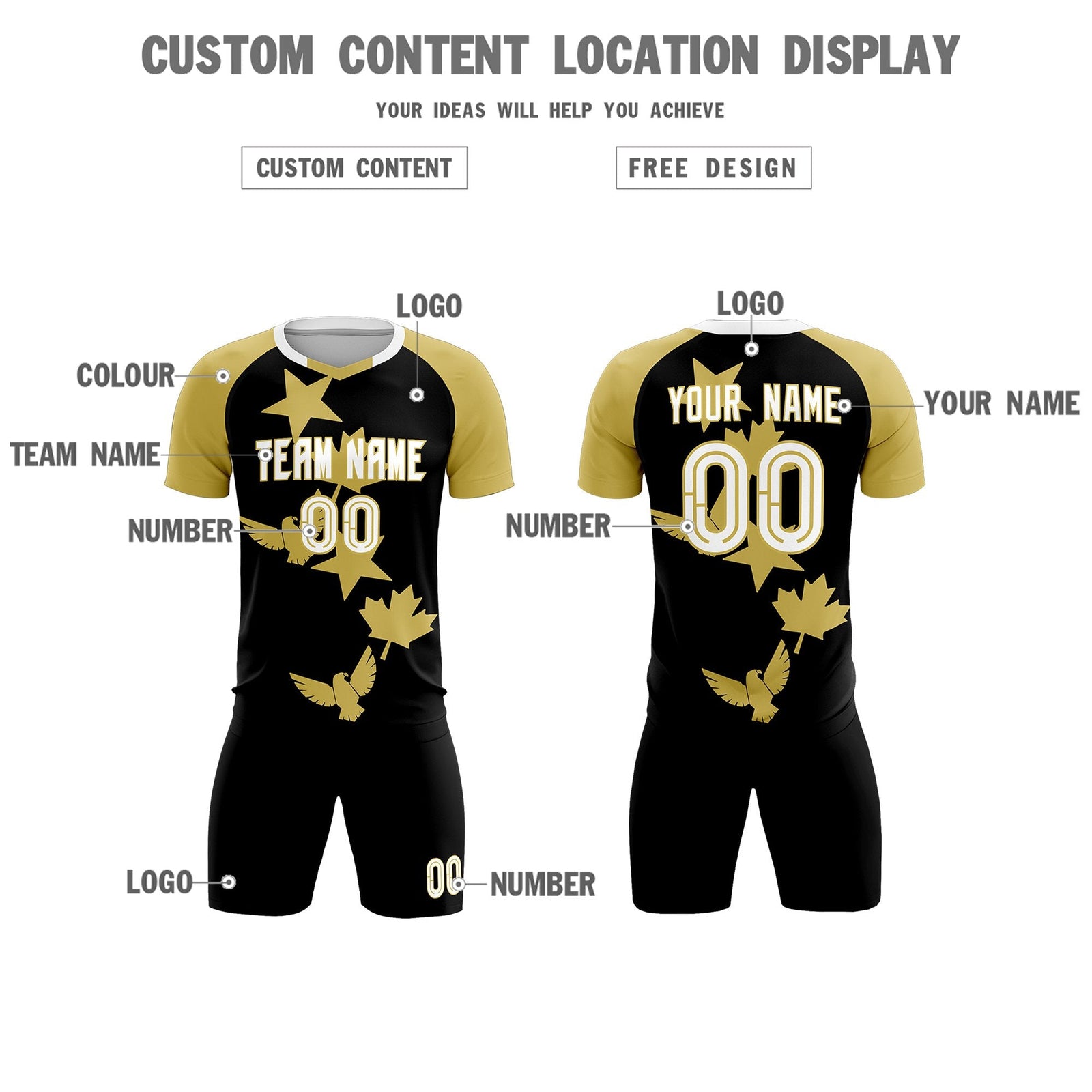 Custom Old Gold Black World Cup Inspired Wrinkle-Resistant Training Uniform Raglan Sleeve Soccer Sets Jersey