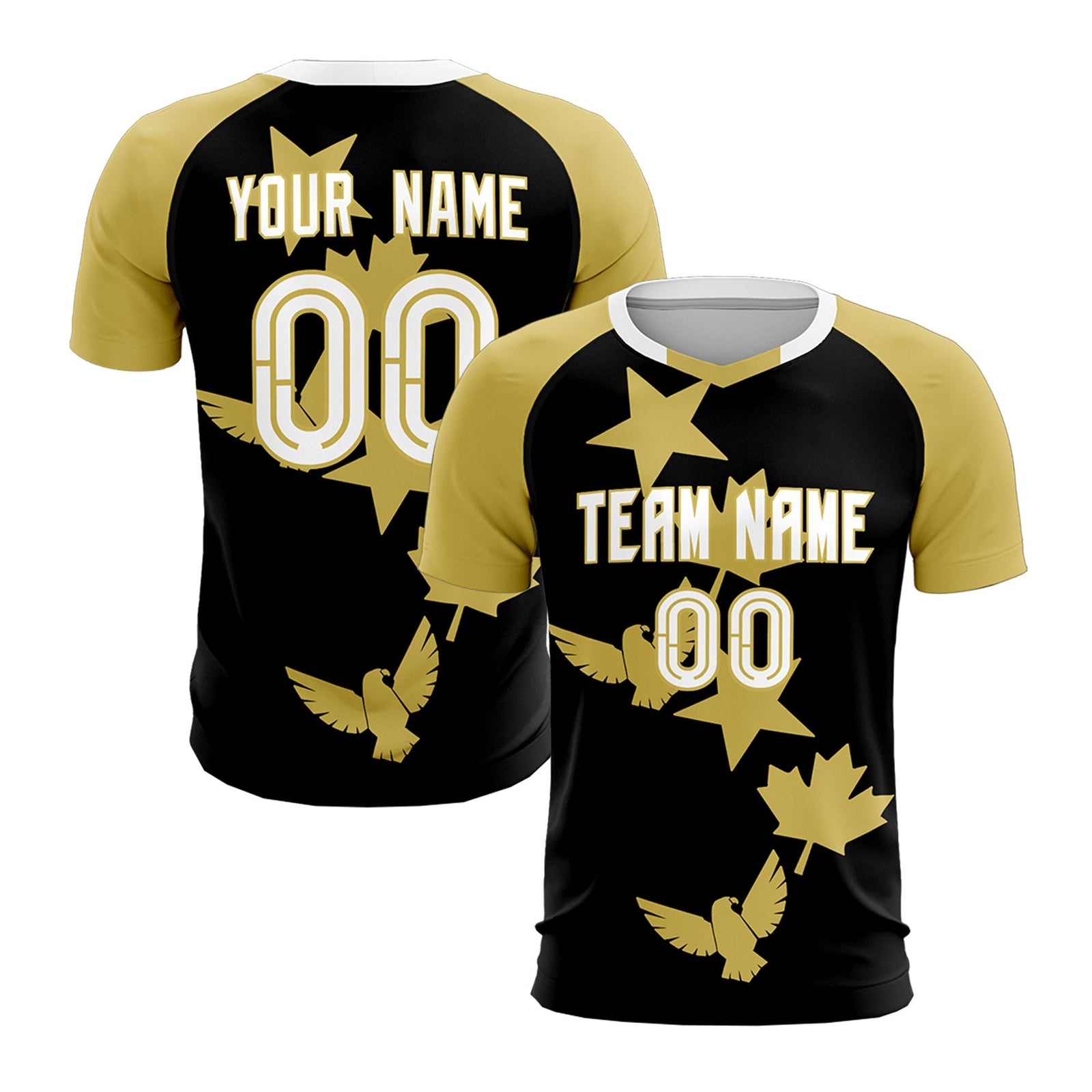 Custom Old Gold Black World Cup Inspired Wrinkle-Resistant Training Uniform Raglan Sleeve Soccer Sets Jersey