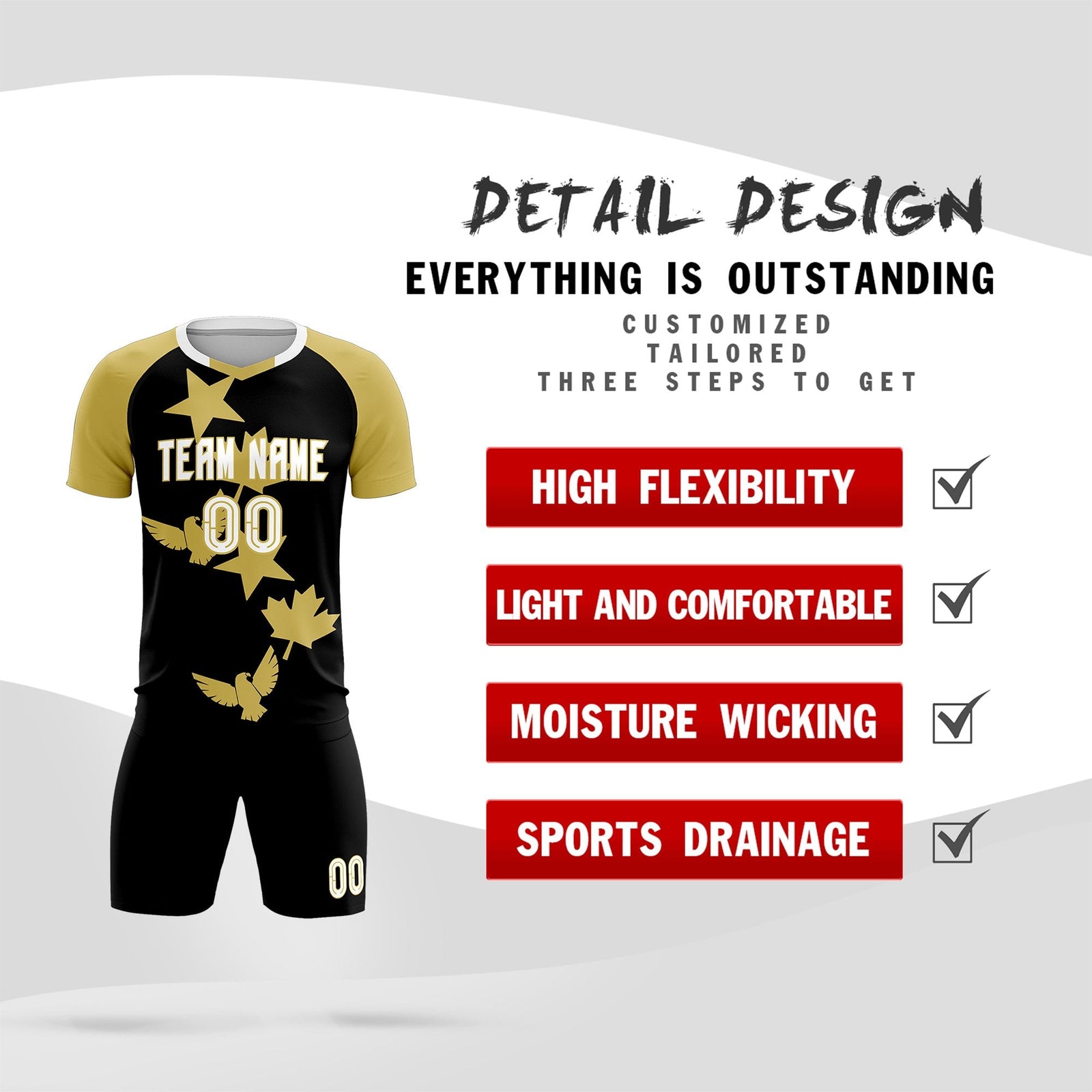 Custom Old Gold Black World Cup Inspired Wrinkle-Resistant Training Uniform Raglan Sleeve Soccer Sets Jersey
