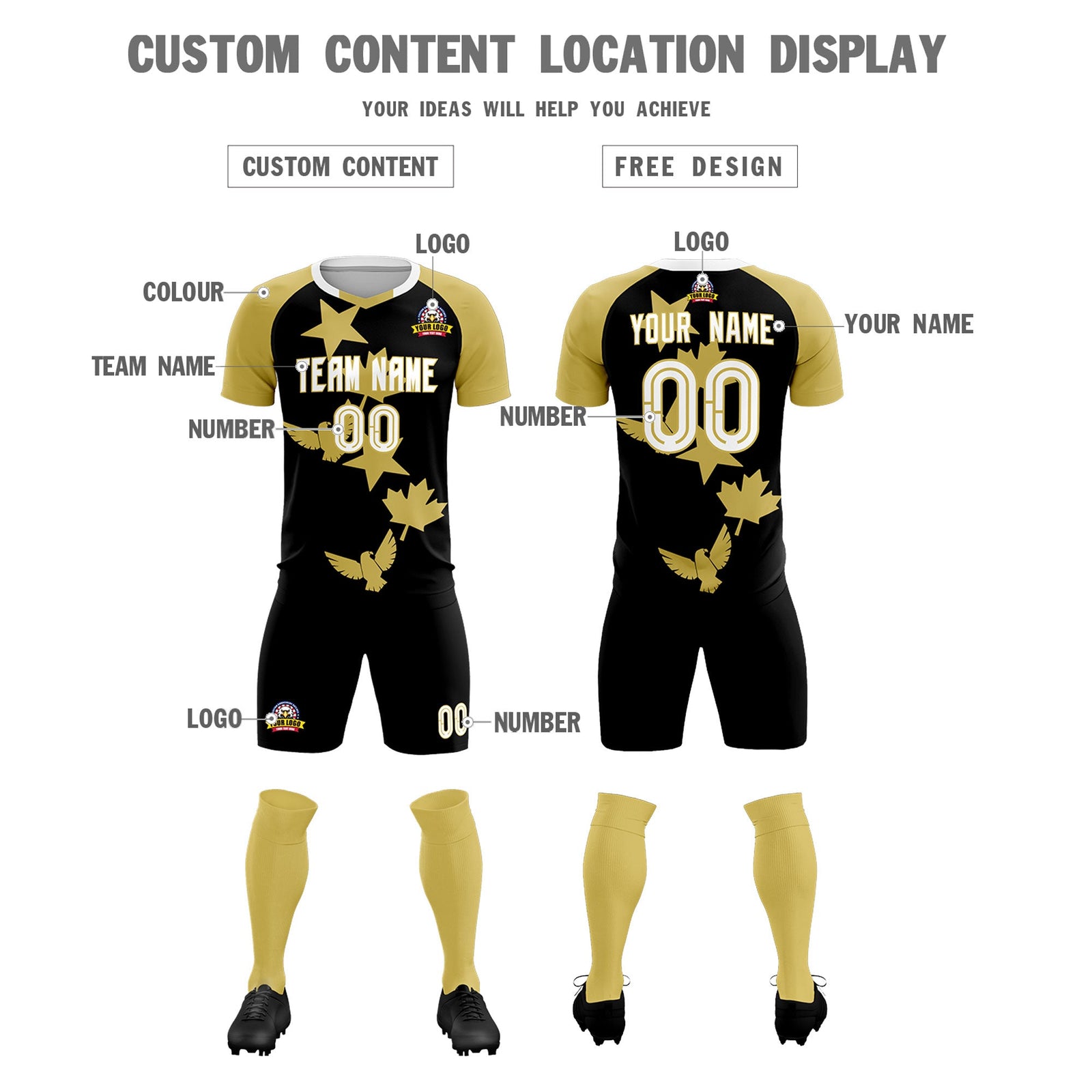 Custom Old Gold Black World Cup Inspired Wrinkle-Resistant Training Uniform Raglan Sleeve Soccer Sets Jersey