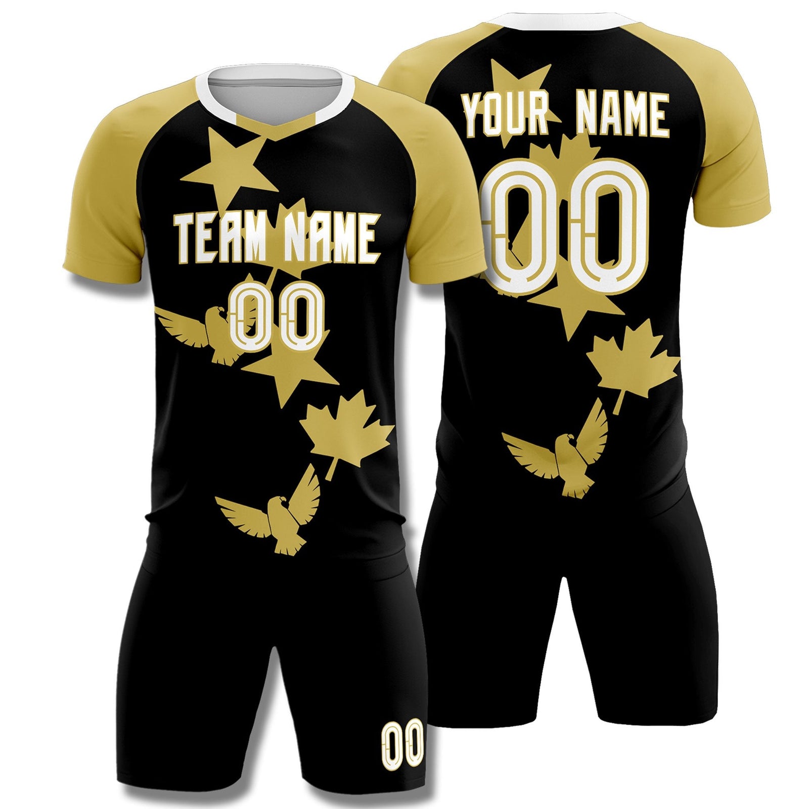 Custom Old Gold Black World Cup Inspired Wrinkle-Resistant Training Uniform Raglan Sleeve Soccer Sets Jersey