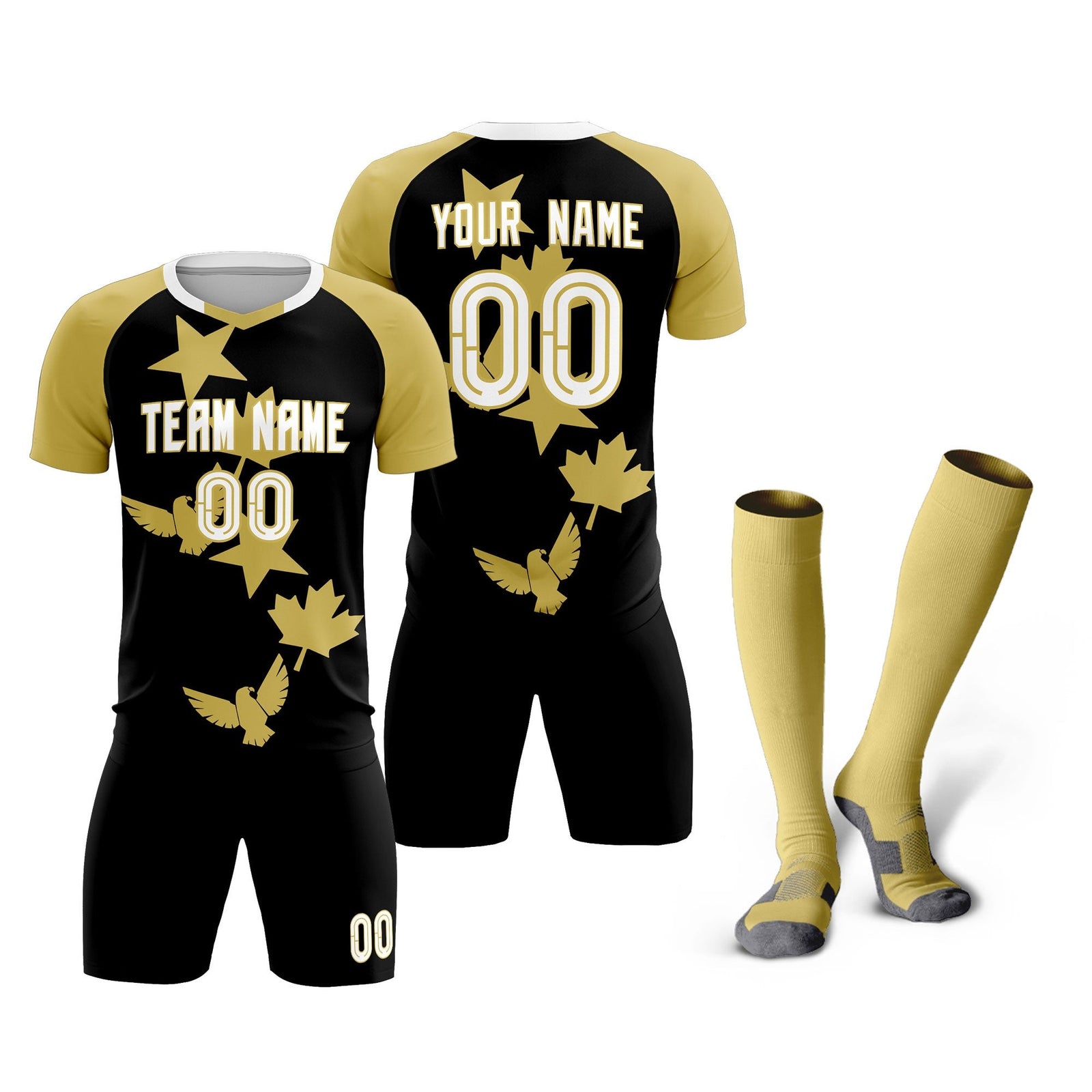 Custom Old Gold Black World Cup Inspired Wrinkle-Resistant Training Uniform Raglan Sleeve Soccer Sets Jersey