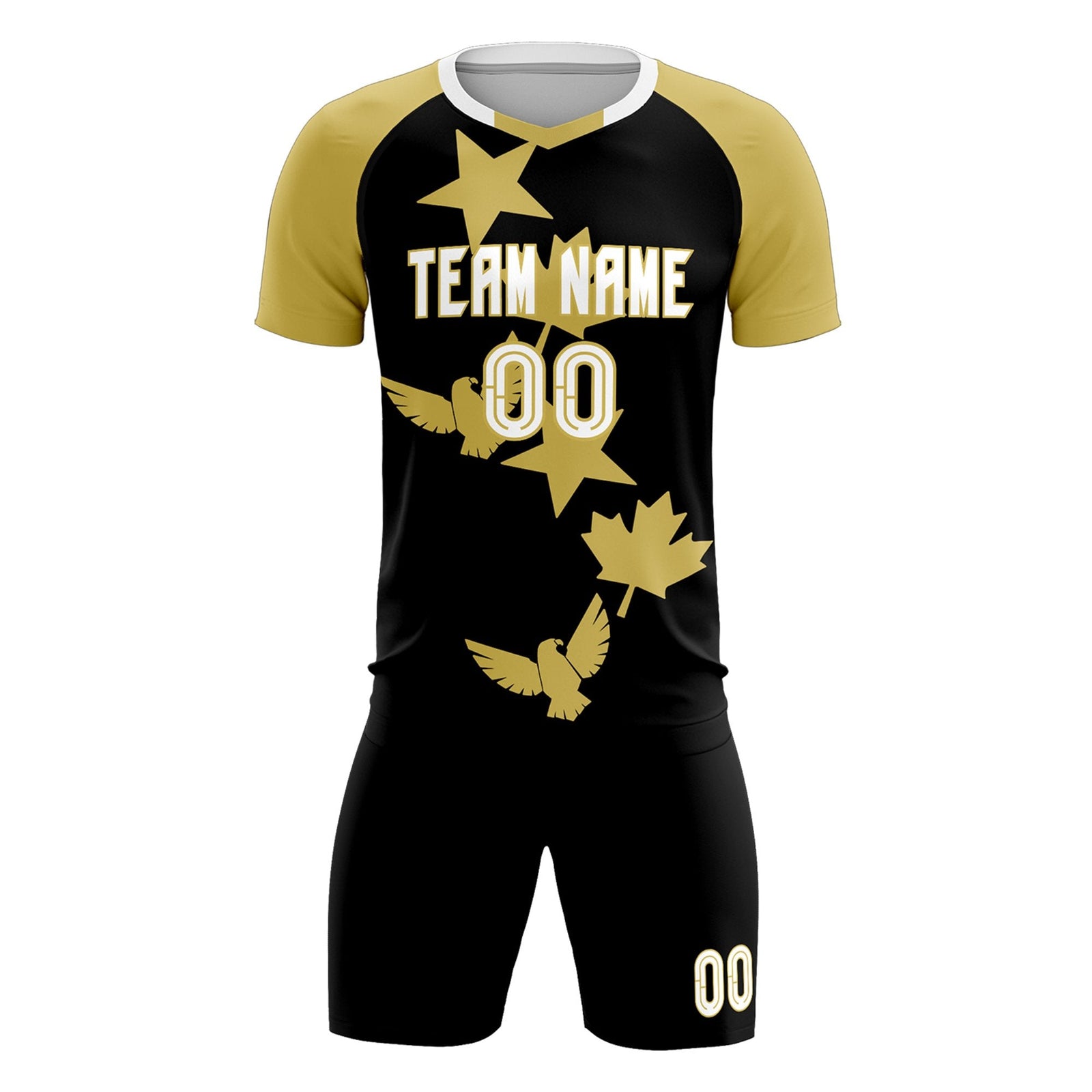 Custom Old Gold Black World Cup Inspired Wrinkle-Resistant Training Uniform Raglan Sleeve Soccer Sets Jersey