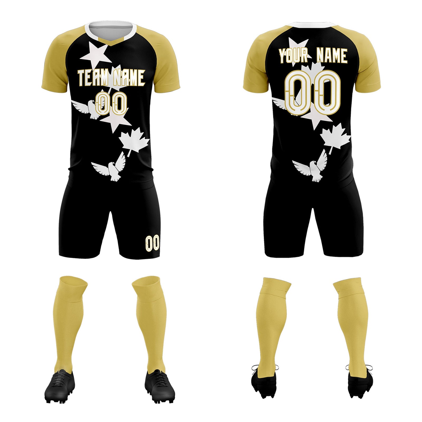 Custom Old Gold Black World Cup Inspired Quick-Drying Training Uniform Raglan Sleeve Soccer Sets Jersey