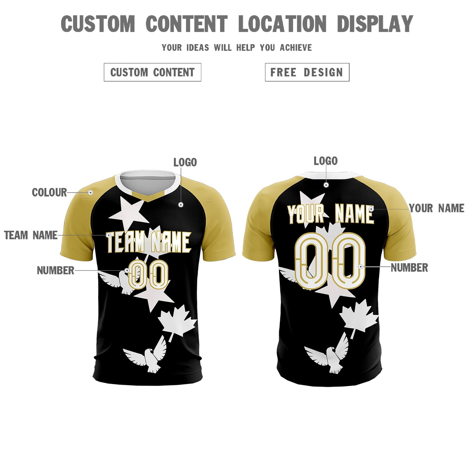 Custom Old Gold Black World Cup Inspired Quick-Drying Training Uniform Raglan Sleeve Soccer Sets Jersey