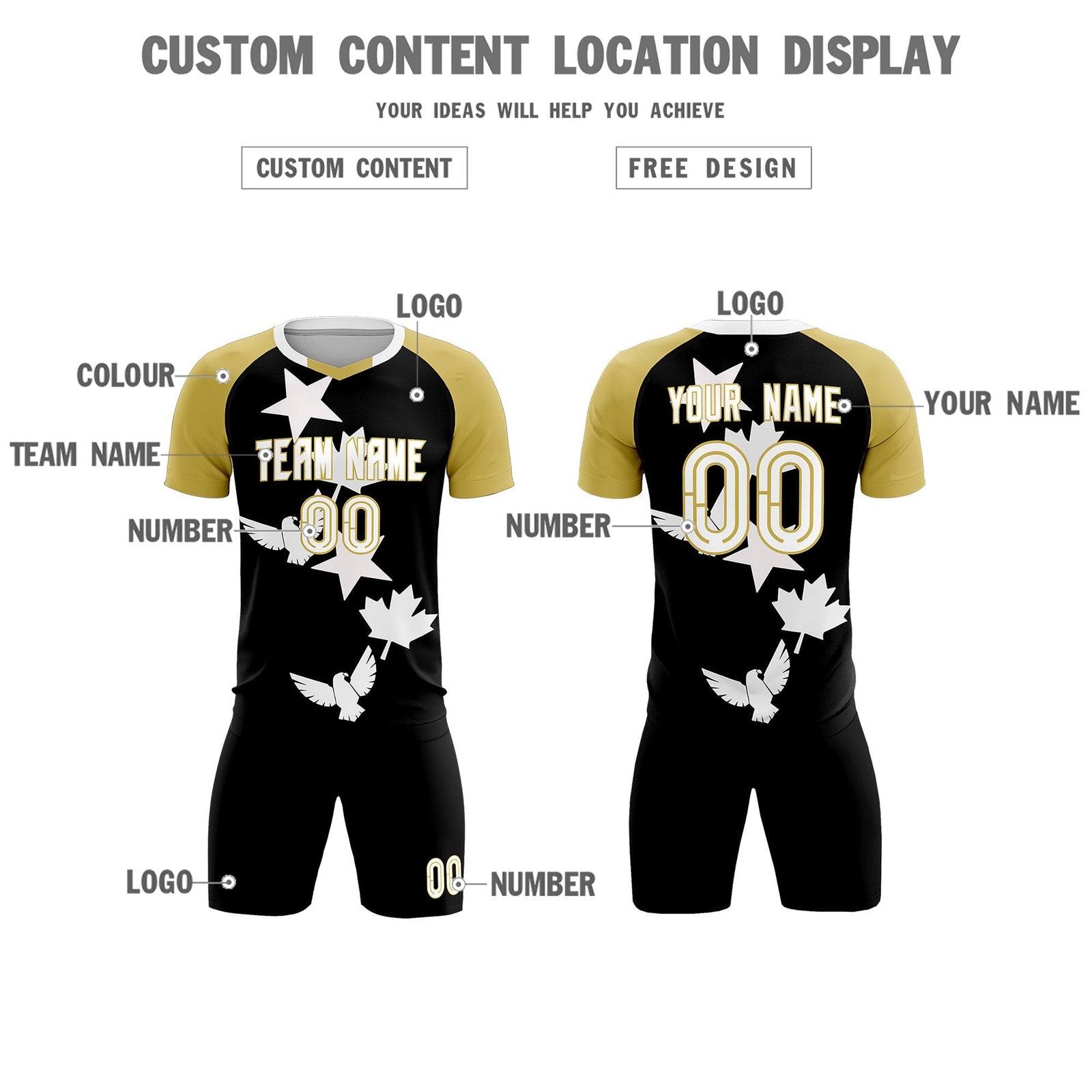 Custom Old Gold Black World Cup Inspired Quick-Drying Training Uniform Raglan Sleeve Soccer Sets Jersey