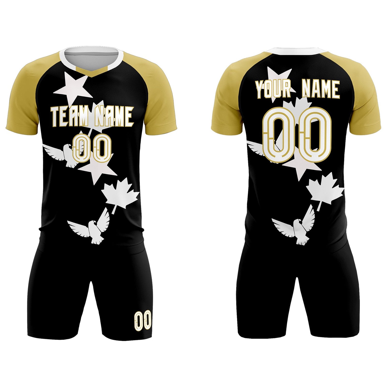 Custom Old Gold Black World Cup Inspired Quick-Drying Training Uniform Raglan Sleeve Soccer Sets Jersey