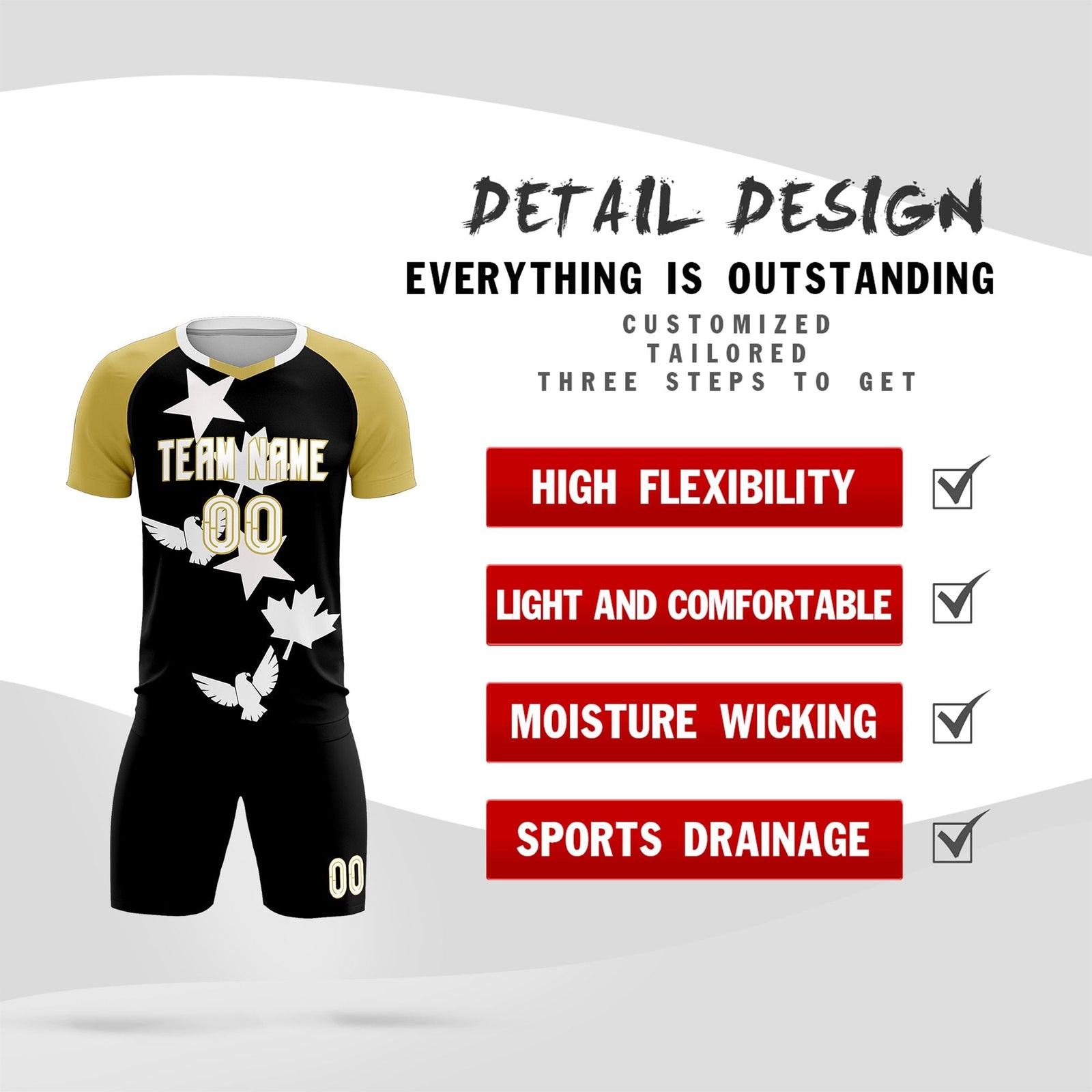 Custom Old Gold Black World Cup Inspired Quick-Drying Training Uniform Raglan Sleeve Soccer Sets Jersey
