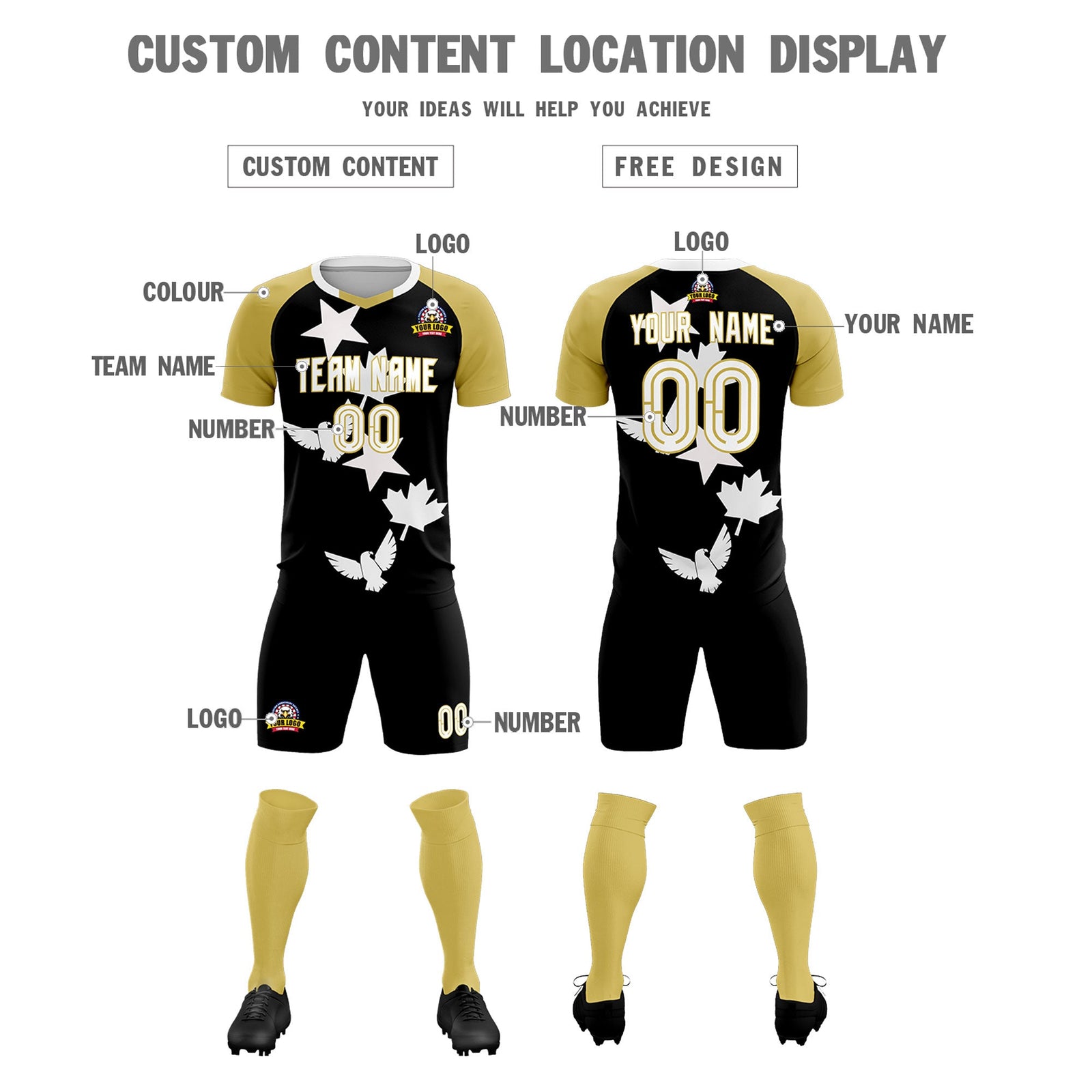 Custom Old Gold Black World Cup Inspired Quick-Drying Training Uniform Raglan Sleeve Soccer Sets Jersey