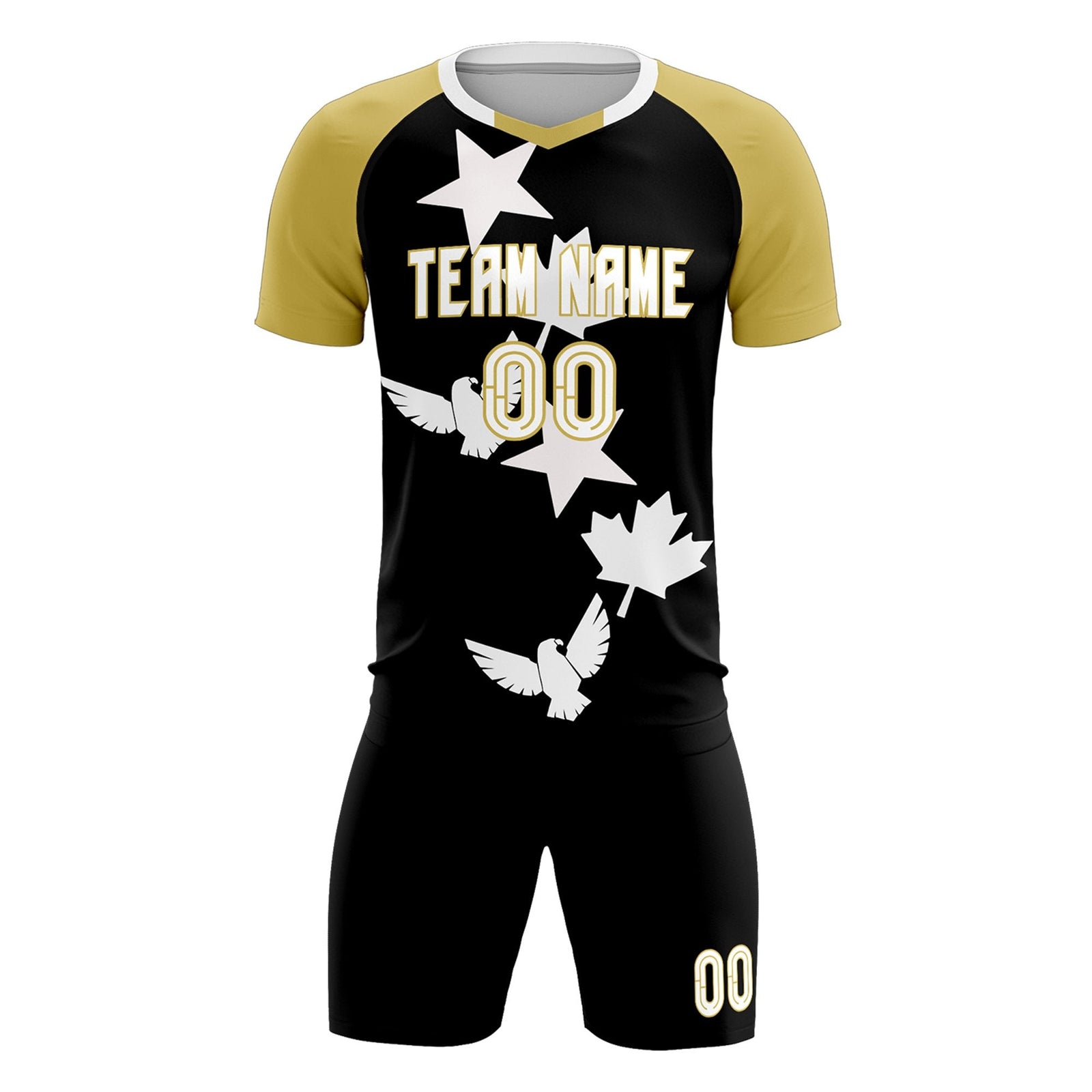 Custom Old Gold Black World Cup Inspired Quick-Drying Training Uniform Raglan Sleeve Soccer Sets Jersey