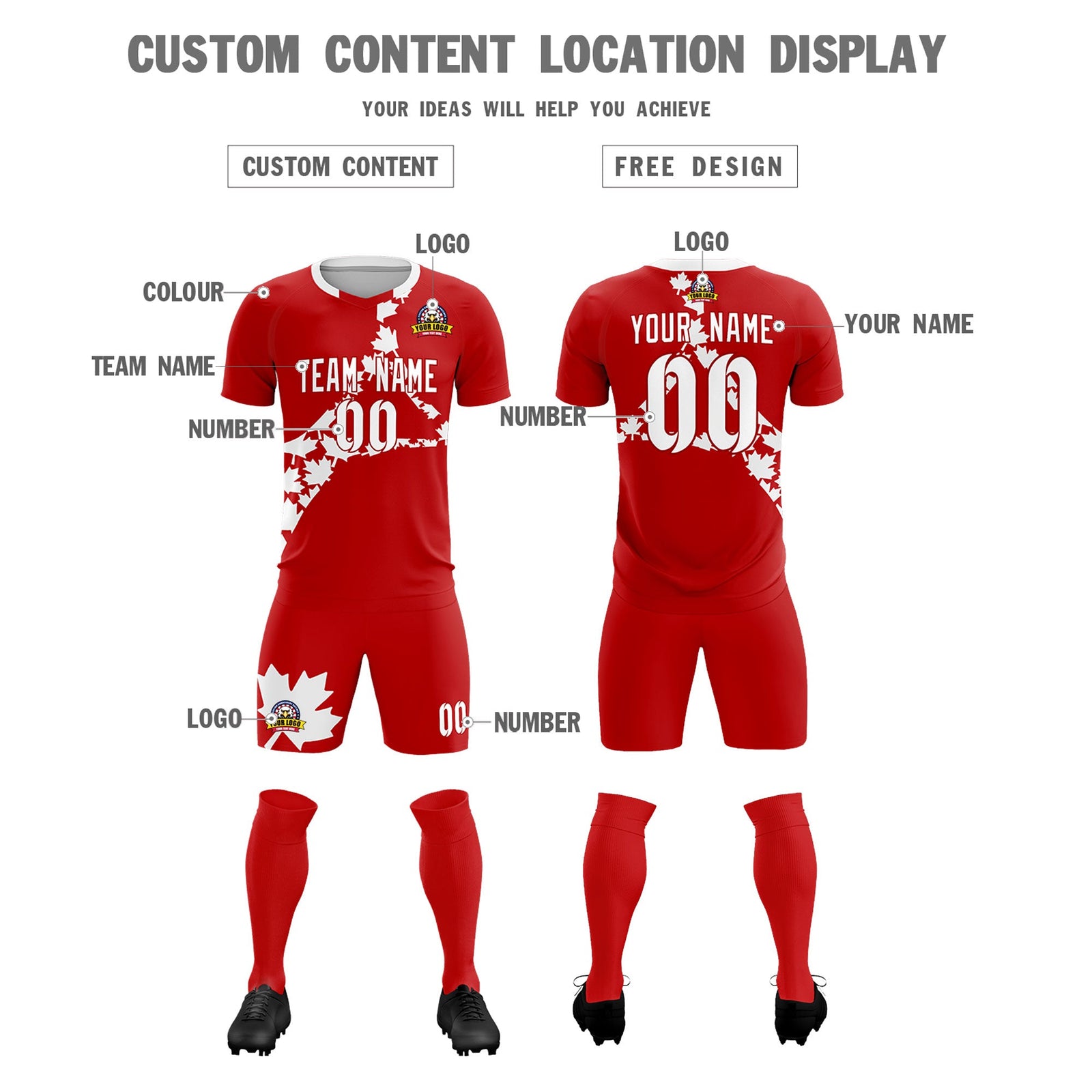 Custom Red White Canada Maple Leaves World Cup Inspired Breathable Graffiti Pattern Soccer Sets Jersey