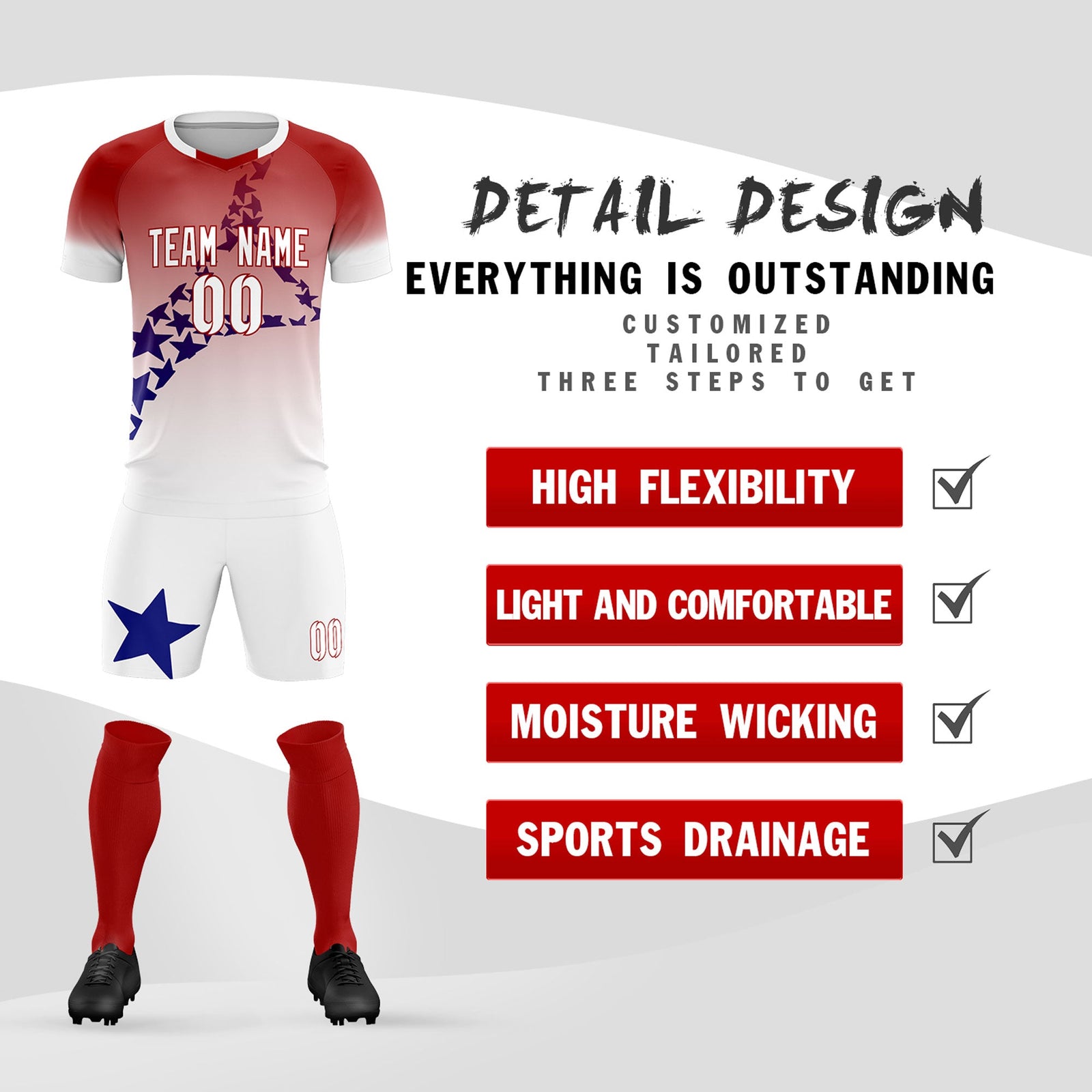 Custom Red Royal America Star World Cup Inspired Quick-Drying Gradient Fashion Soccer Sets Jersey