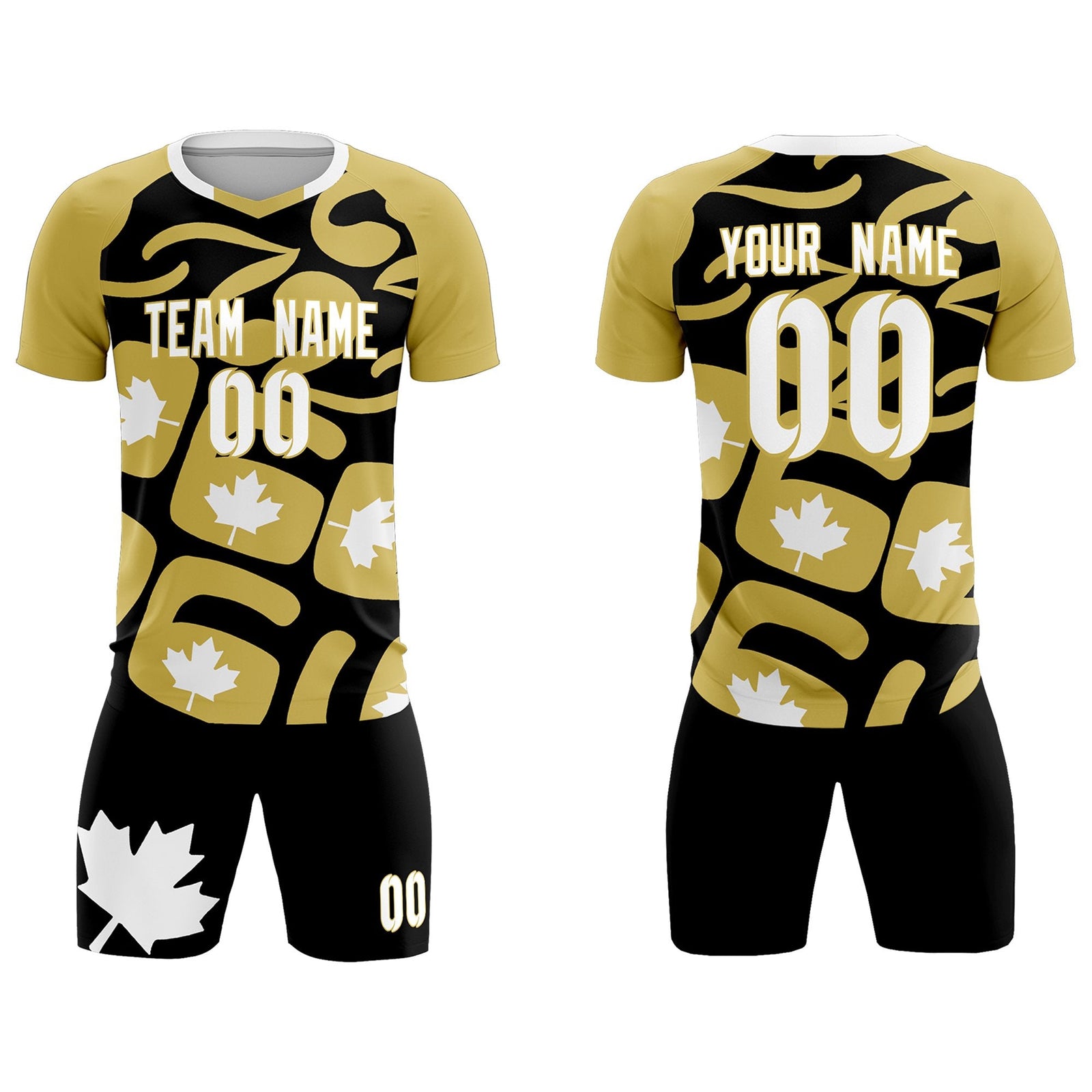 Custom Old Gold Black Canada Maple Leaves World Cup Inspired Drapable Graffiti Pattern Soccer Sets Jersey