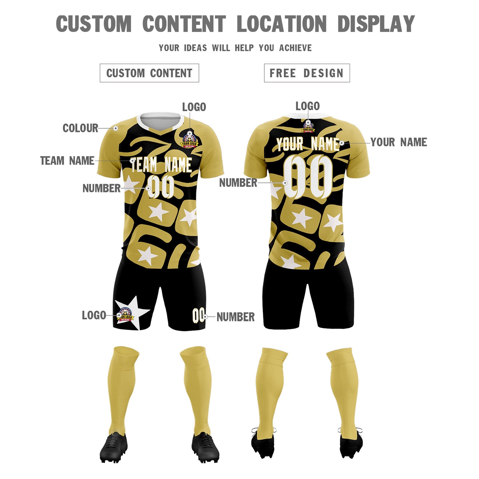 Custom Old Gold Black America Star World Cup Inspired Breathable Graffiti Pattern Soccer Sets Jersey