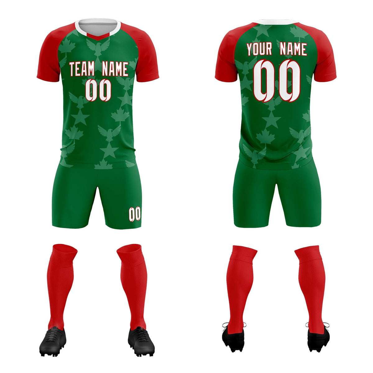 Custom Red Kelly Green World Cup Inspired Lightweight&amp;Drapable Training Uniform Raglan Sleeve Soccer Sets Jersey