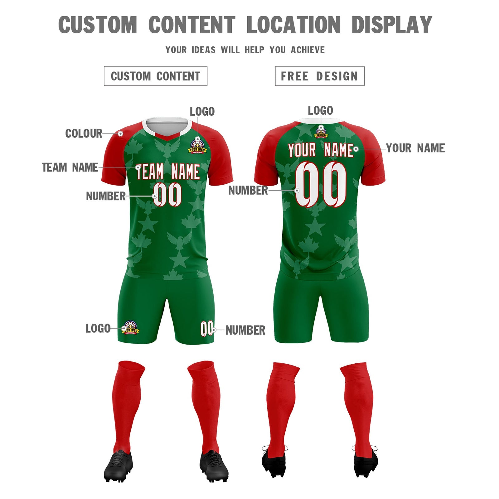 Custom Red Kelly Green World Cup Inspired Lightweight&Drapable Training Uniform Raglan Sleeve Soccer Sets Jersey