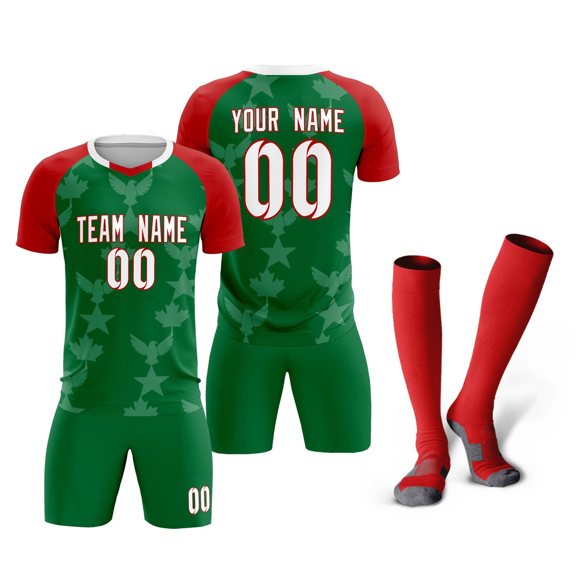 Custom Red Kelly Green World Cup Inspired Lightweight&amp;Drapable Training Uniform Raglan Sleeve Soccer Sets Jersey