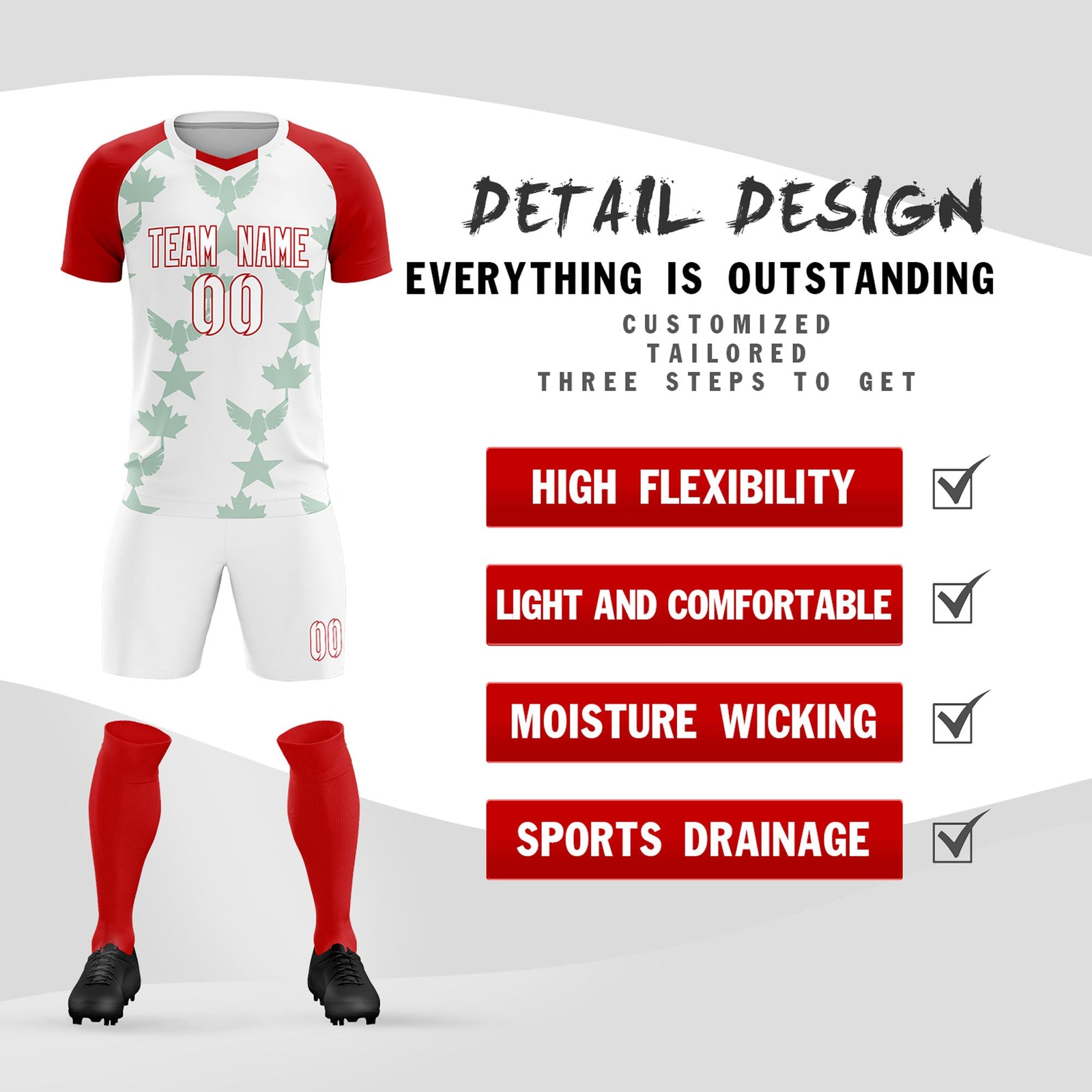 Custom Red White World Cup Inspired Lightweight&Drapable Training Uniform Raglan Sleeve Soccer Sets Jersey
