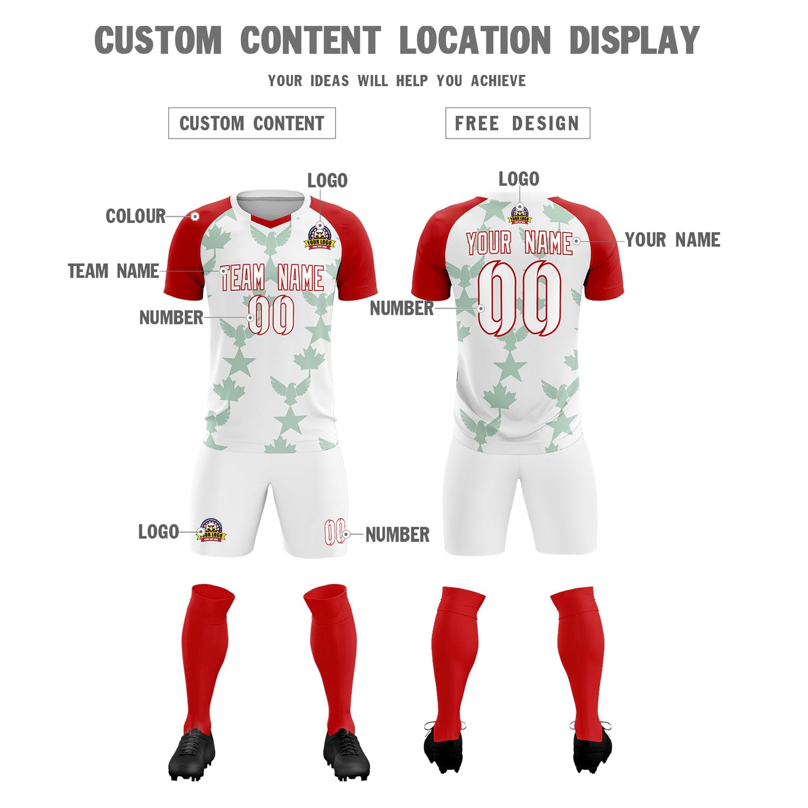 Custom Red White World Cup Inspired Lightweight&Drapable Training Uniform Raglan Sleeve Soccer Sets Jersey