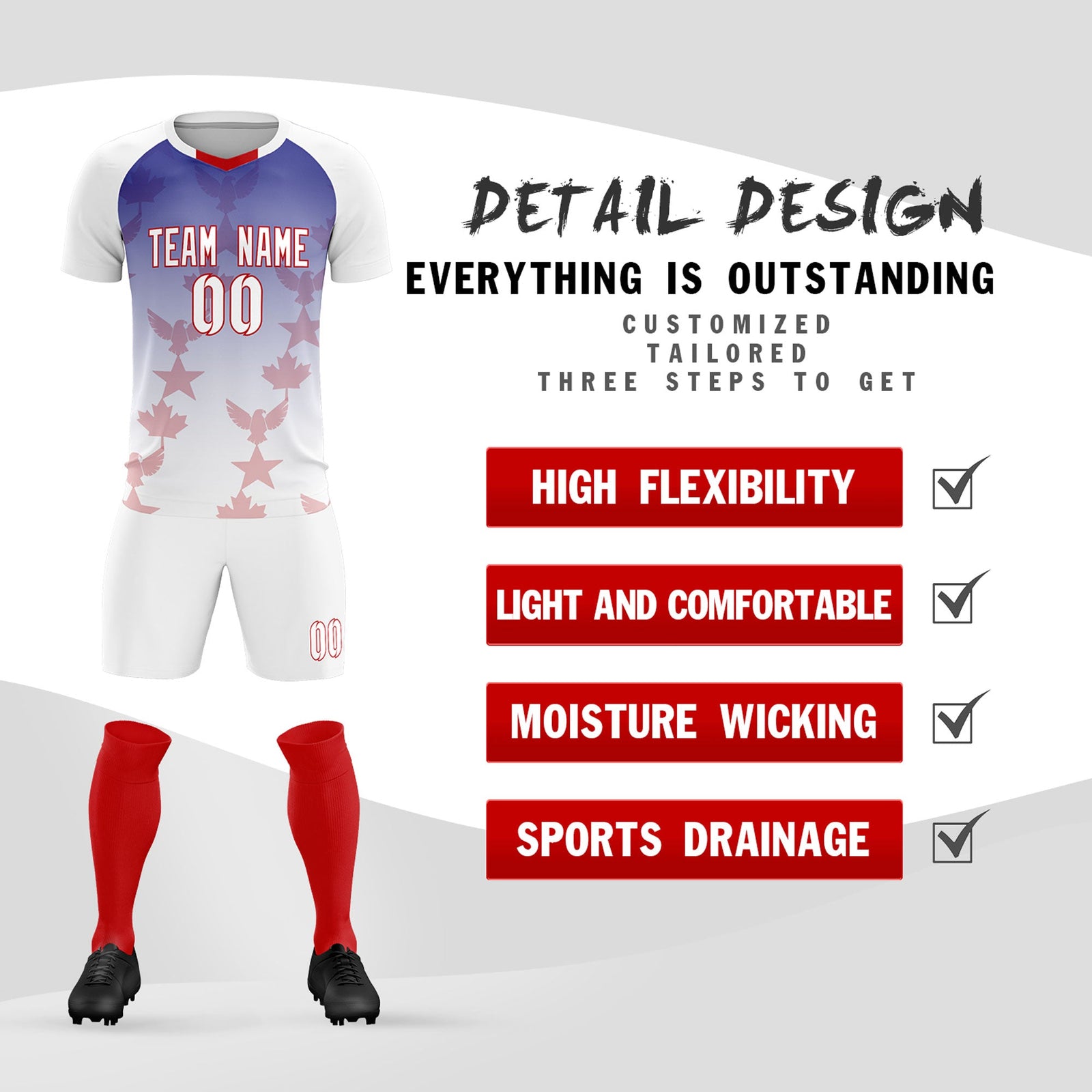 Custom White Royal World Cup Inspired Lightweight&Drapable Training Uniform Gradient Fashion Soccer Sets Jersey