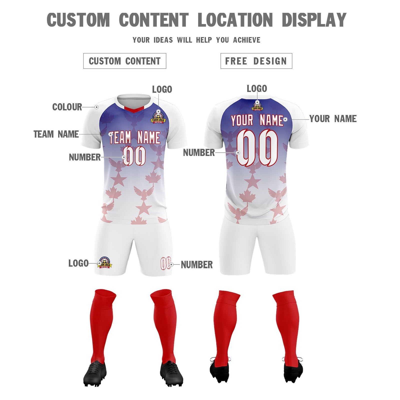Custom White Royal World Cup Inspired Lightweight&Drapable Training Uniform Gradient Fashion Soccer Sets Jersey