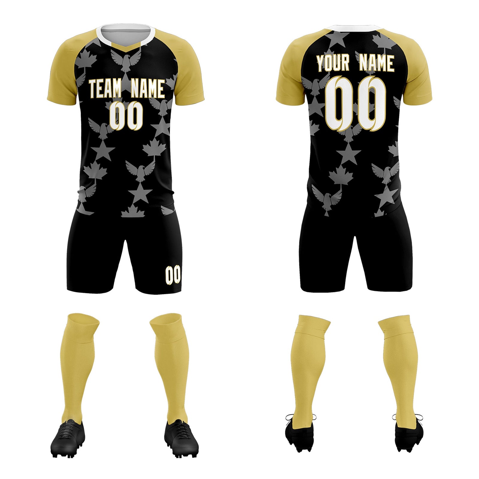 Custom Old Gold Black World Cup Inspired Breathable&Quick-Drying Training Uniform Raglan Sleeve Soccer Sets Jersey