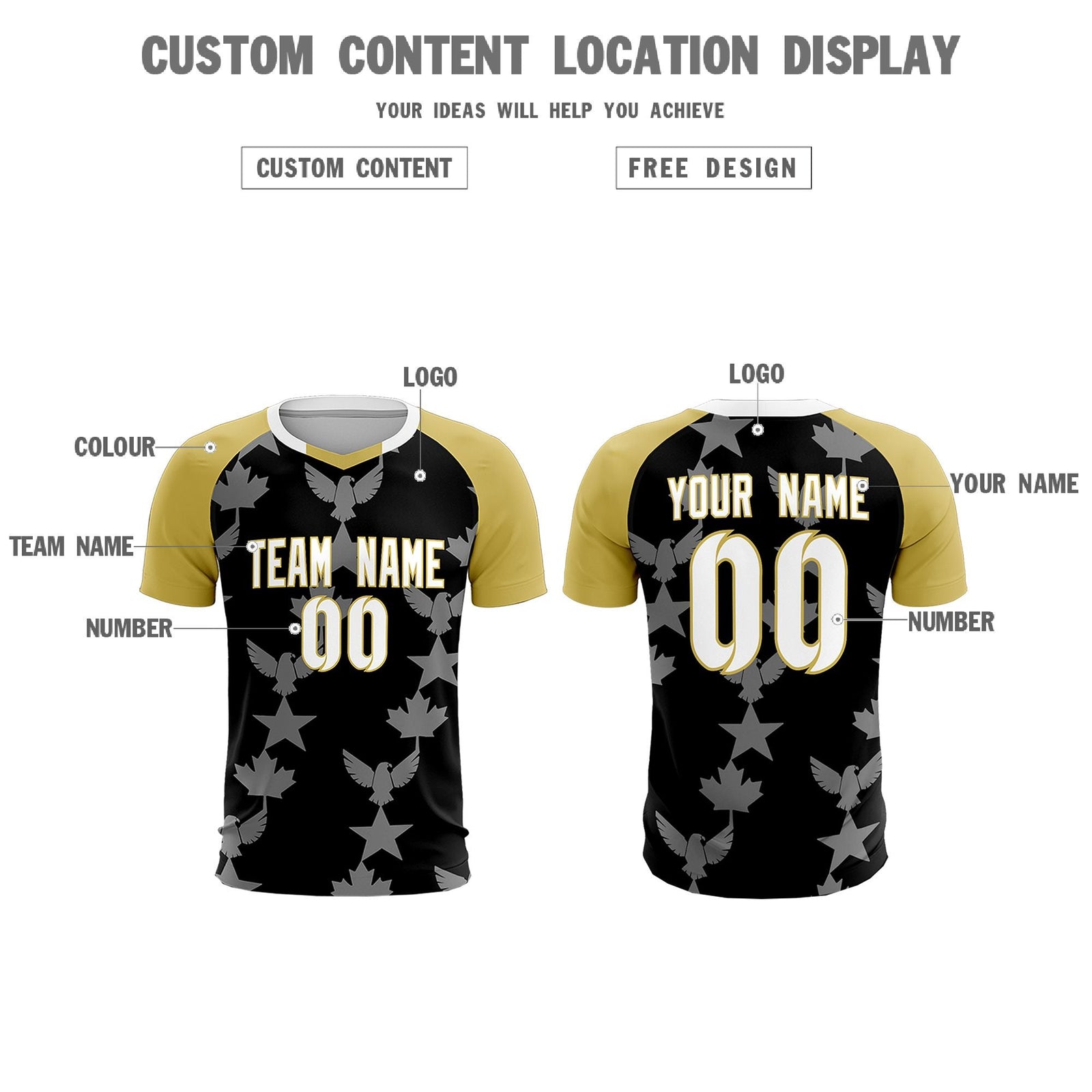 Custom Old Gold Black World Cup Inspired Breathable&Quick-Drying Training Uniform Raglan Sleeve Soccer Sets Jersey