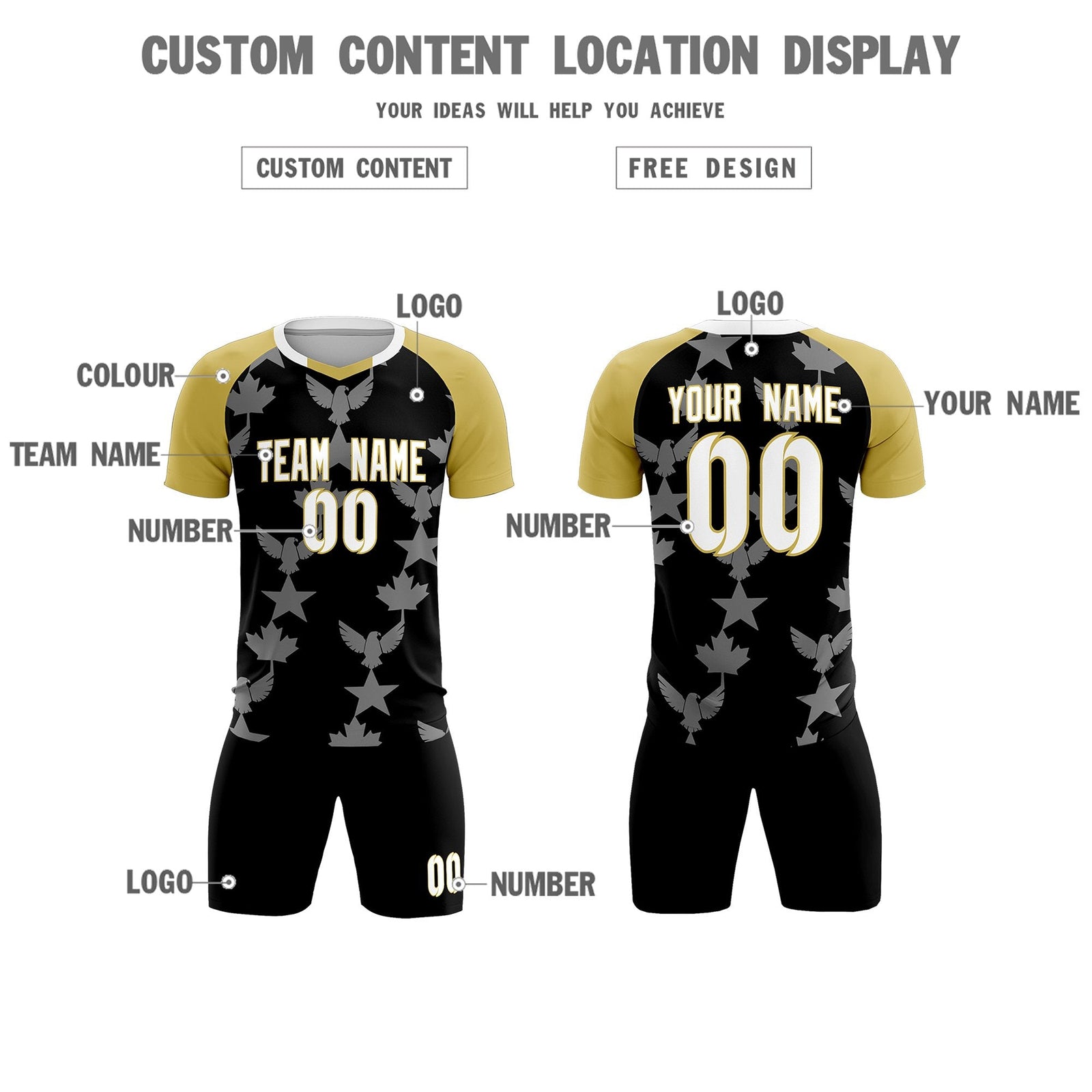 Custom Old Gold Black World Cup Inspired Breathable&Quick-Drying Training Uniform Raglan Sleeve Soccer Sets Jersey