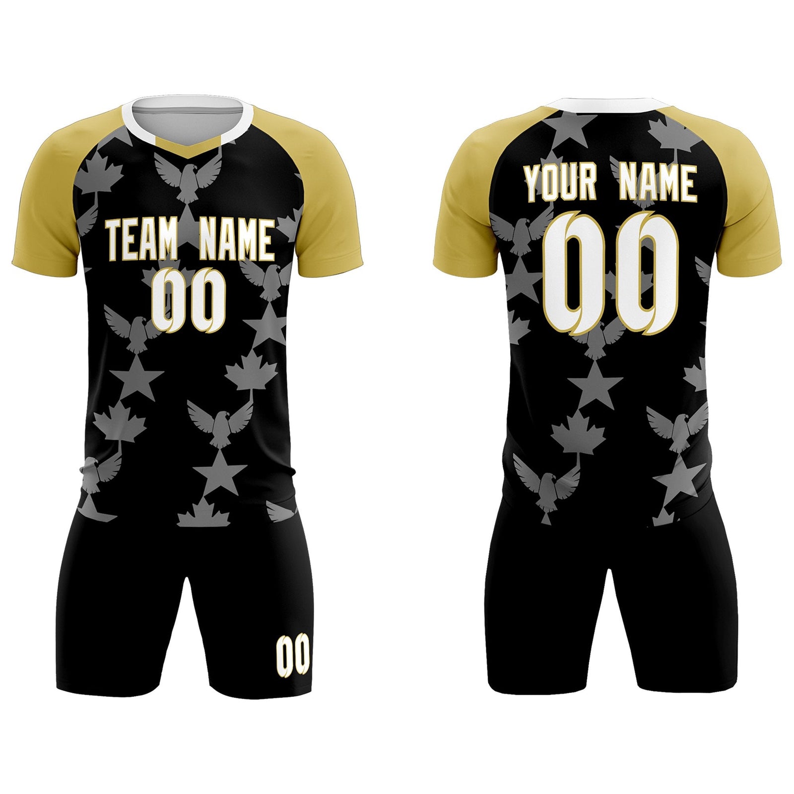 Custom Old Gold Black World Cup Inspired Breathable&Quick-Drying Training Uniform Raglan Sleeve Soccer Sets Jersey