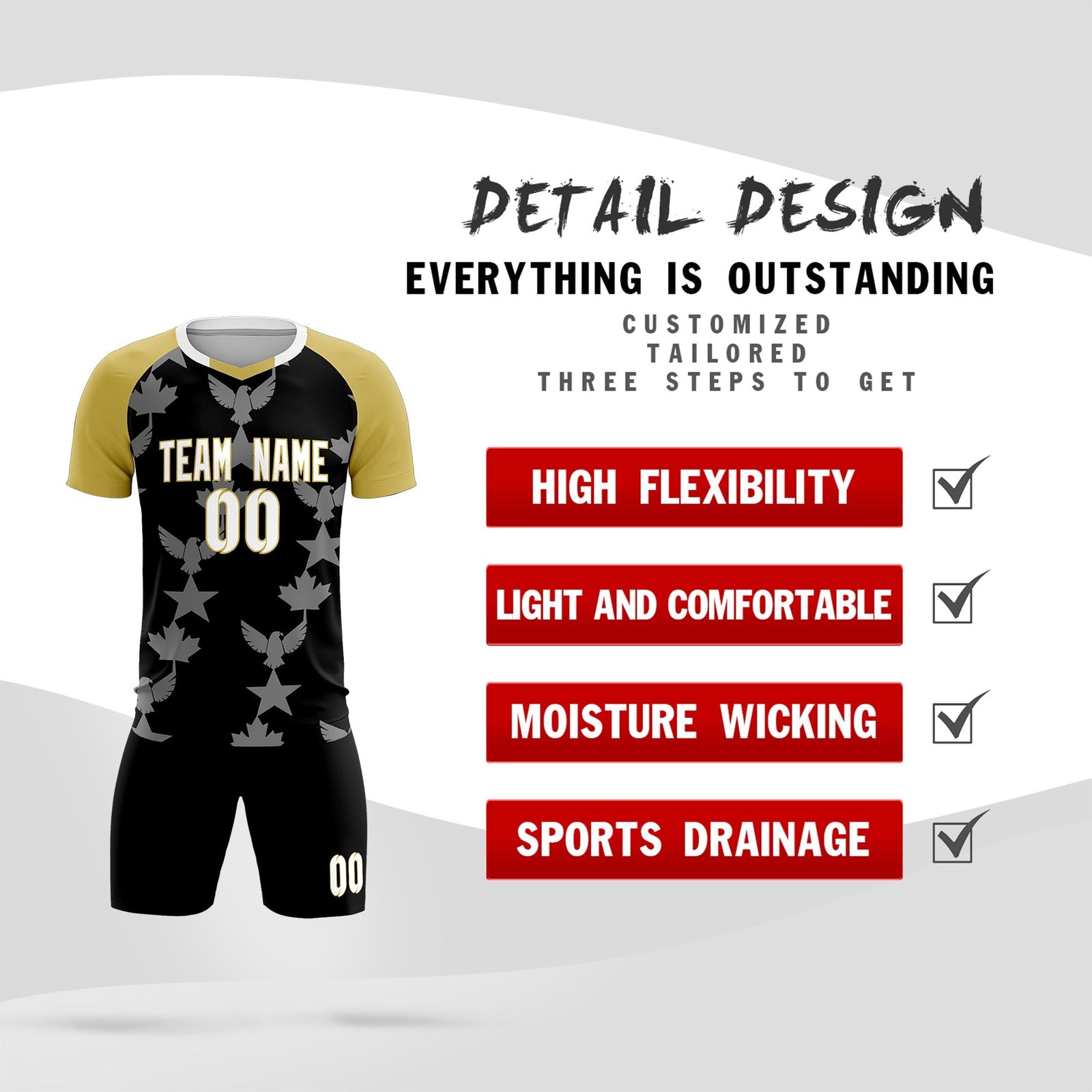 Custom Old Gold Black World Cup Inspired Breathable&Quick-Drying Training Uniform Raglan Sleeve Soccer Sets Jersey