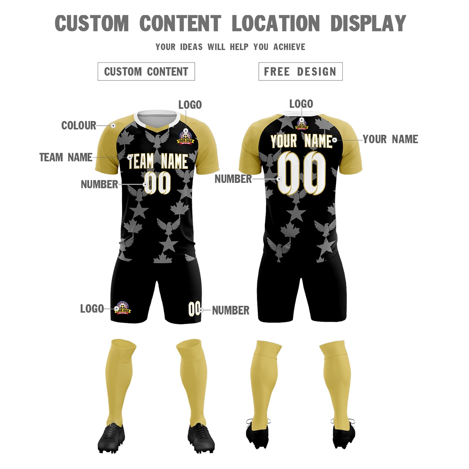 Custom Old Gold Black World Cup Inspired Breathable&Quick-Drying Training Uniform Raglan Sleeve Soccer Sets Jersey