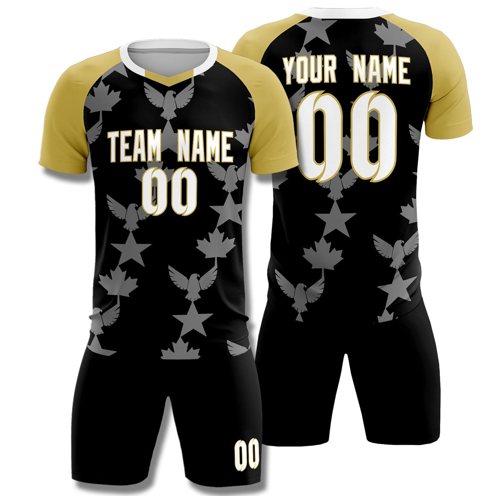 Custom Old Gold Black World Cup Inspired Breathable&Quick-Drying Training Uniform Raglan Sleeve Soccer Sets Jersey