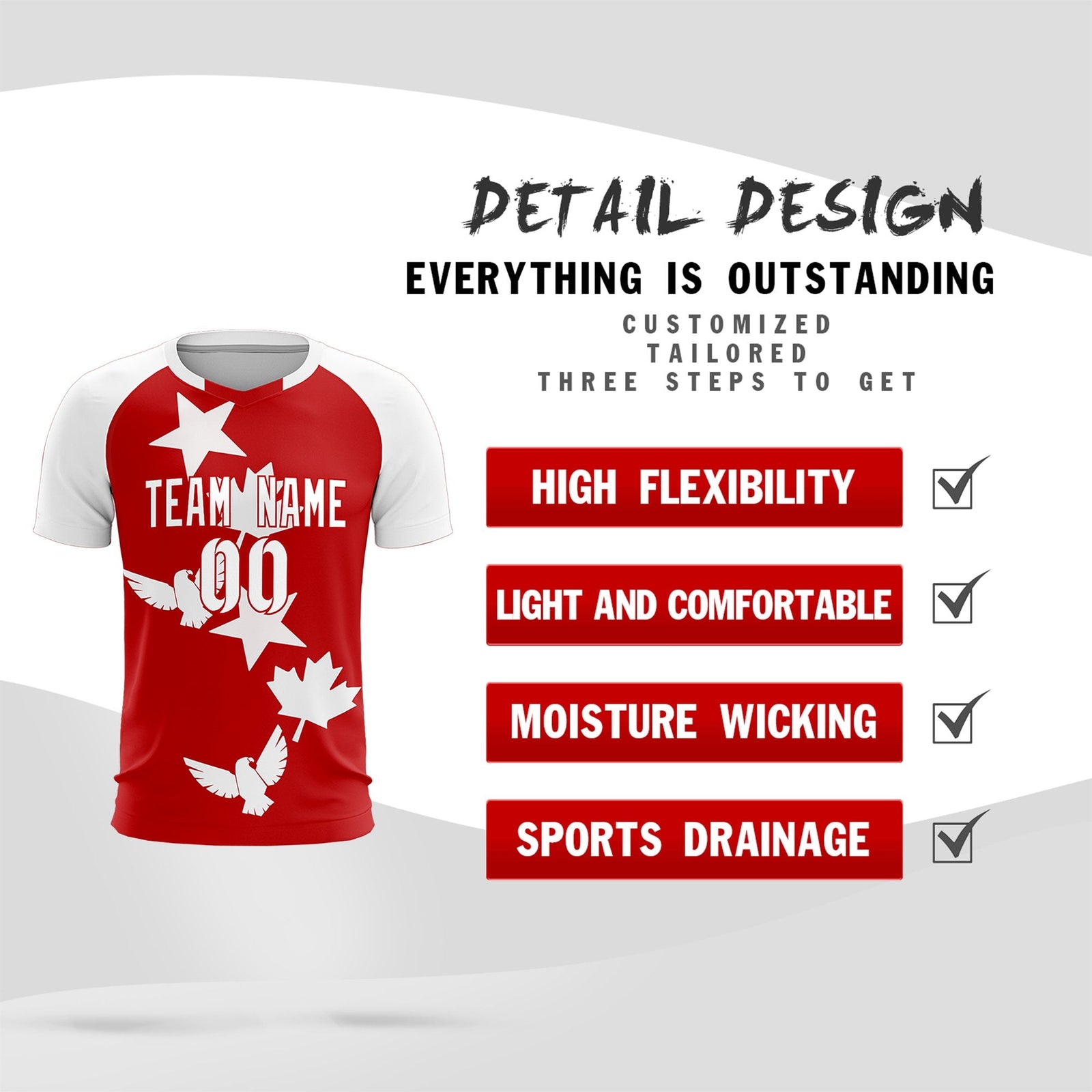 Custom White Red World Cup Inspired Lightweight&Drapable Training Uniform Raglan Sleeve Soccer Sets Jersey