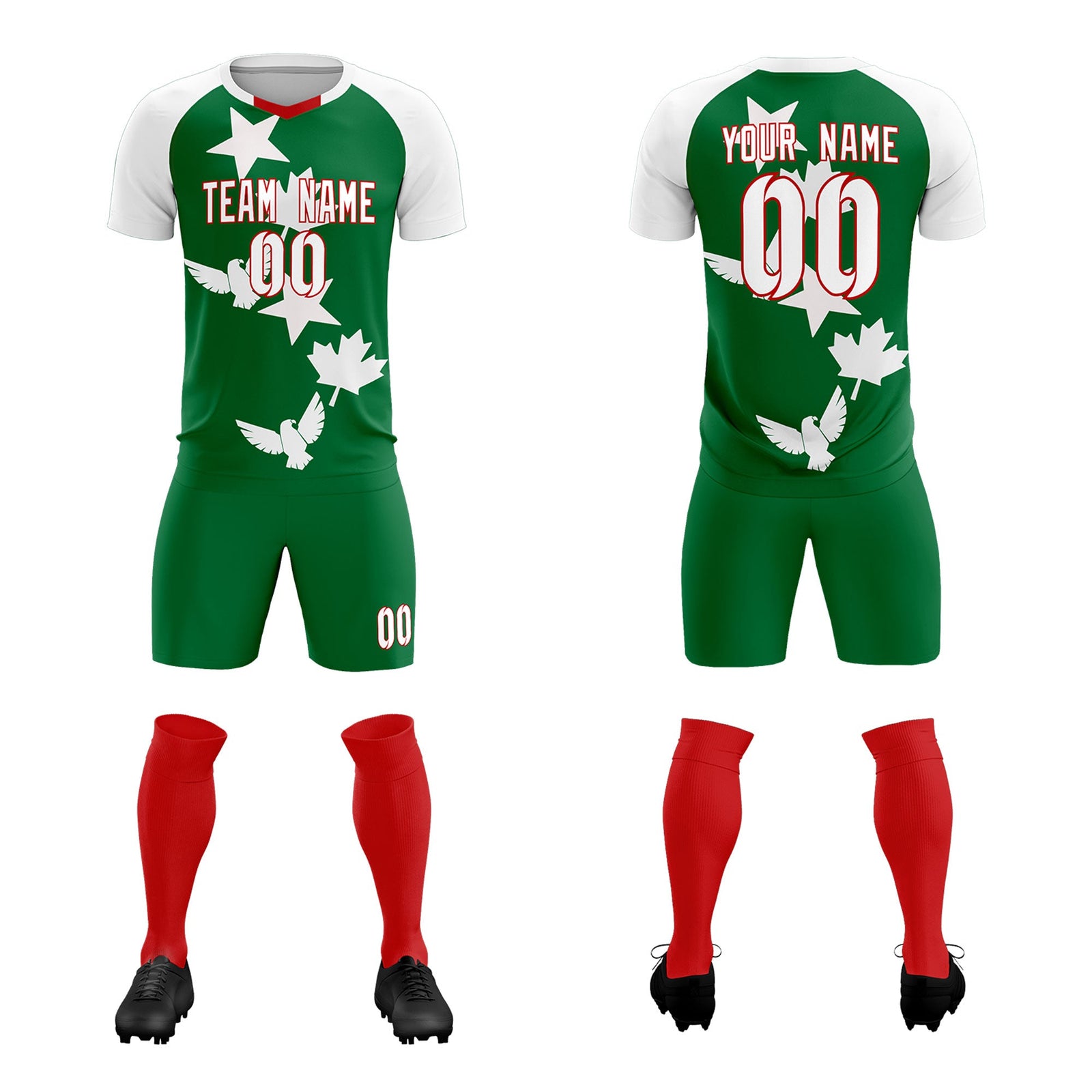 Custom White Kelly Green World Cup Inspired Wrinkle-Resistant Training Uniform Raglan Sleeve Soccer Sets Jersey