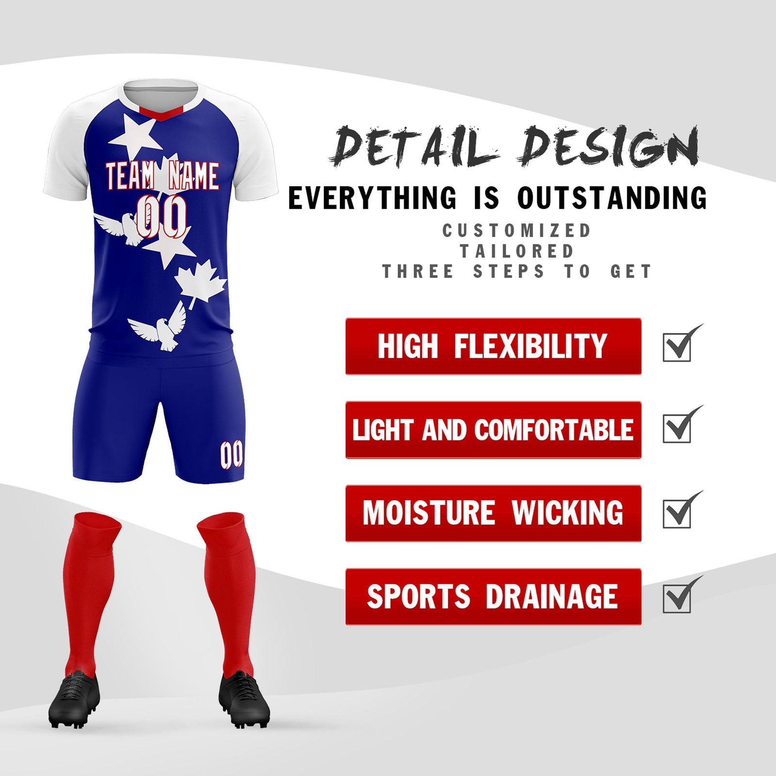 Custom White Royal World Cup Inspired Breathable&Quick-Drying Training Uniform Raglan Sleeve Soccer Sets Jersey