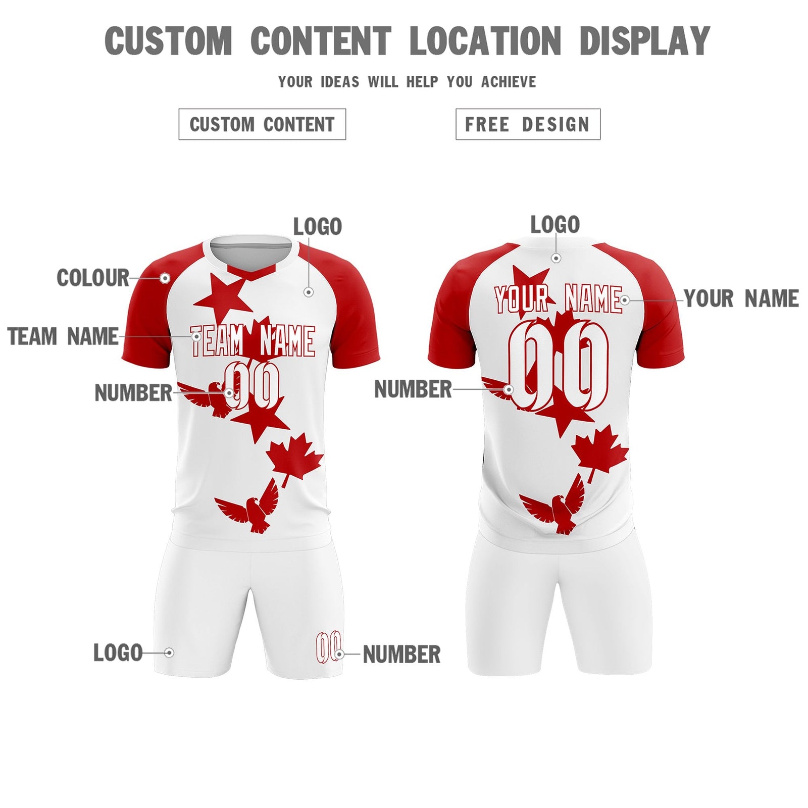 Custom Red White World Cup Inspired Lightweight&Drapable Training Uniform Raglan Sleeve Soccer Sets Jersey
