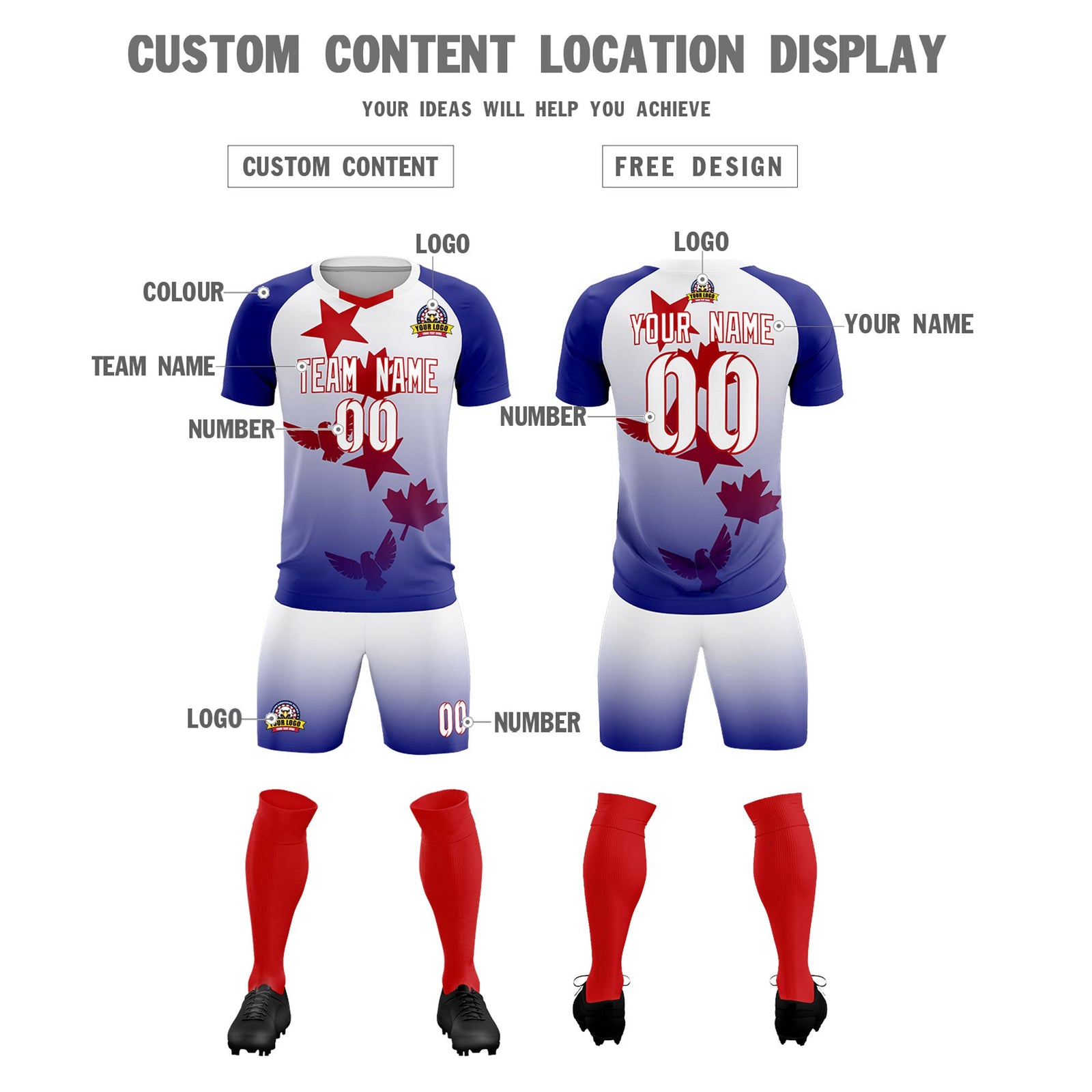 Custom Royal White World Cup Inspired Lightweight&Drapable Training Uniform Gradient Fashion Soccer Sets Jersey