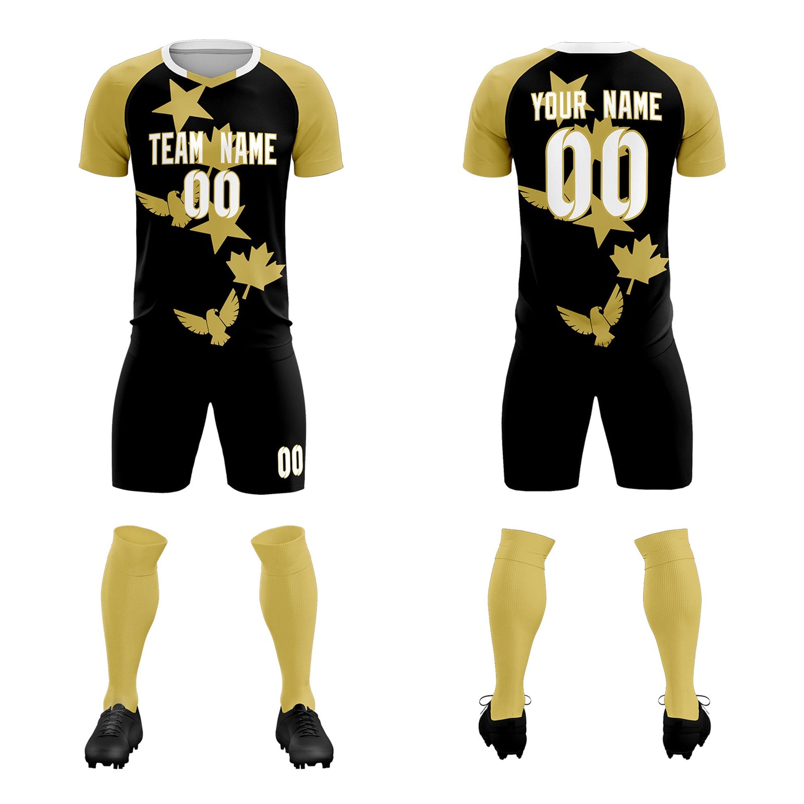 Custom Old Gold Black World Cup Inspired Wrinkle-Resistant Training Uniform Raglan Sleeve Soccer Sets Jersey