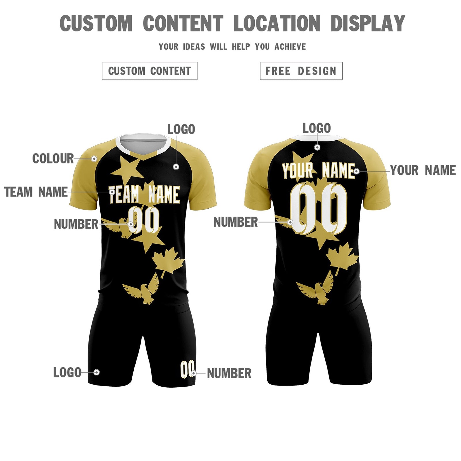 Custom Old Gold Black World Cup Inspired Wrinkle-Resistant Training Uniform Raglan Sleeve Soccer Sets Jersey