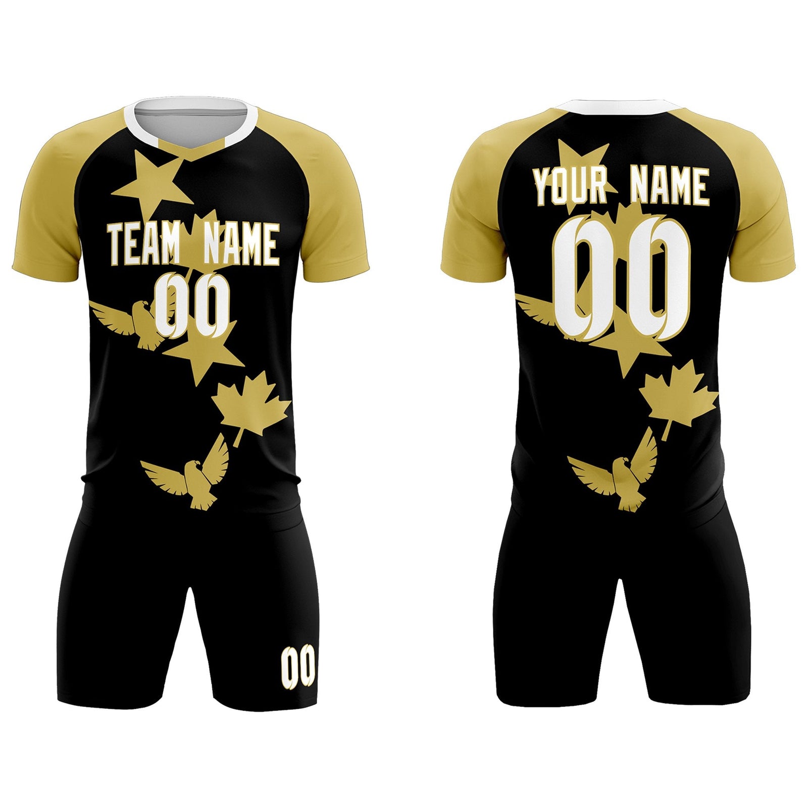 Custom Old Gold Black World Cup Inspired Wrinkle-Resistant Training Uniform Raglan Sleeve Soccer Sets Jersey