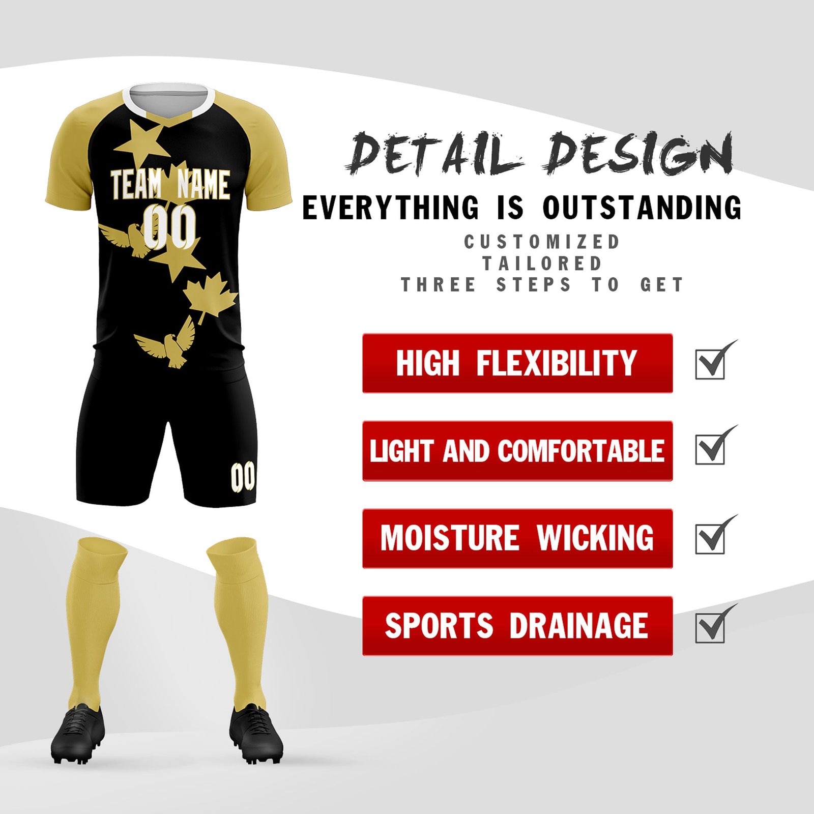 Custom Old Gold Black World Cup Inspired Wrinkle-Resistant Training Uniform Raglan Sleeve Soccer Sets Jersey