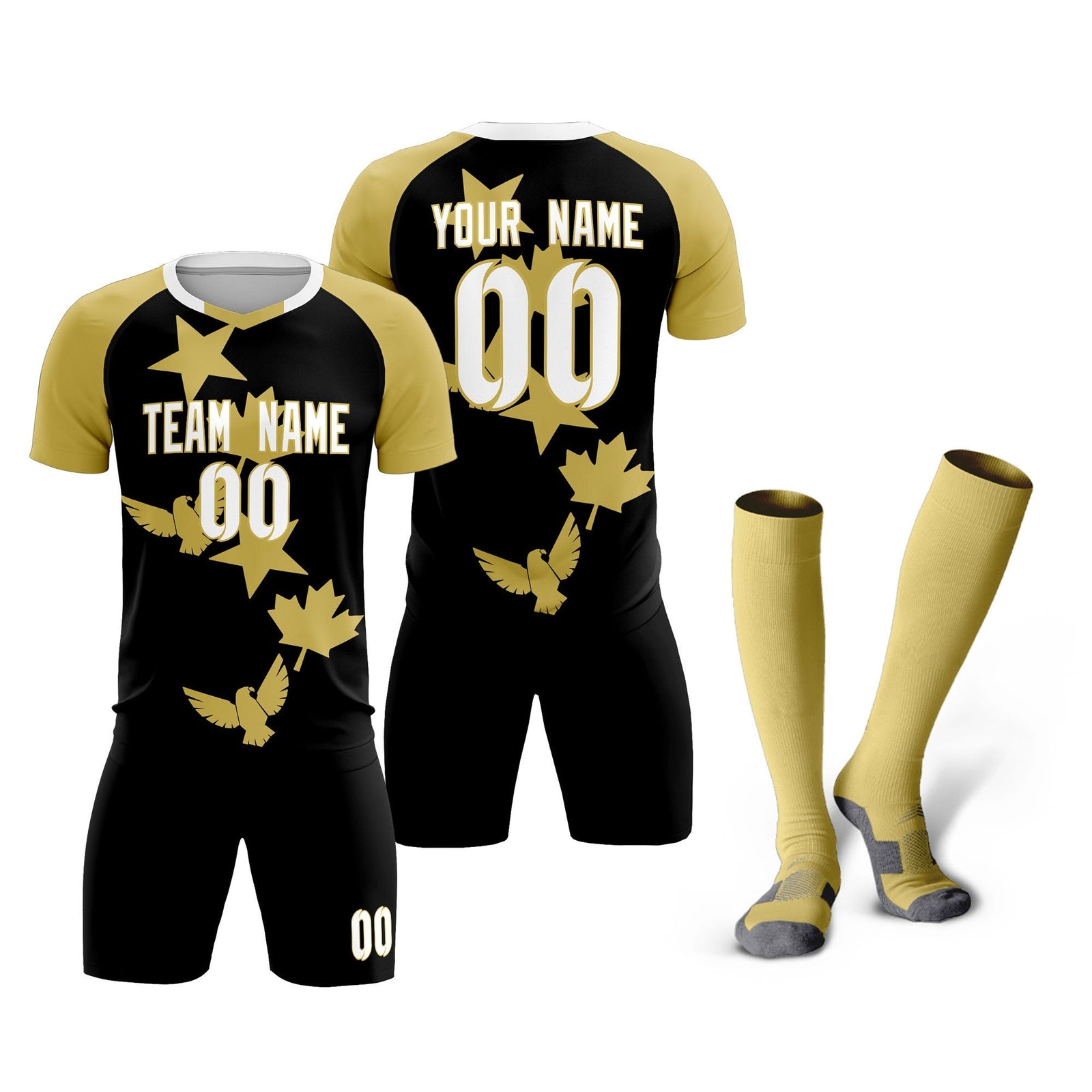 Custom Old Gold Black World Cup Inspired Wrinkle-Resistant Training Uniform Raglan Sleeve Soccer Sets Jersey