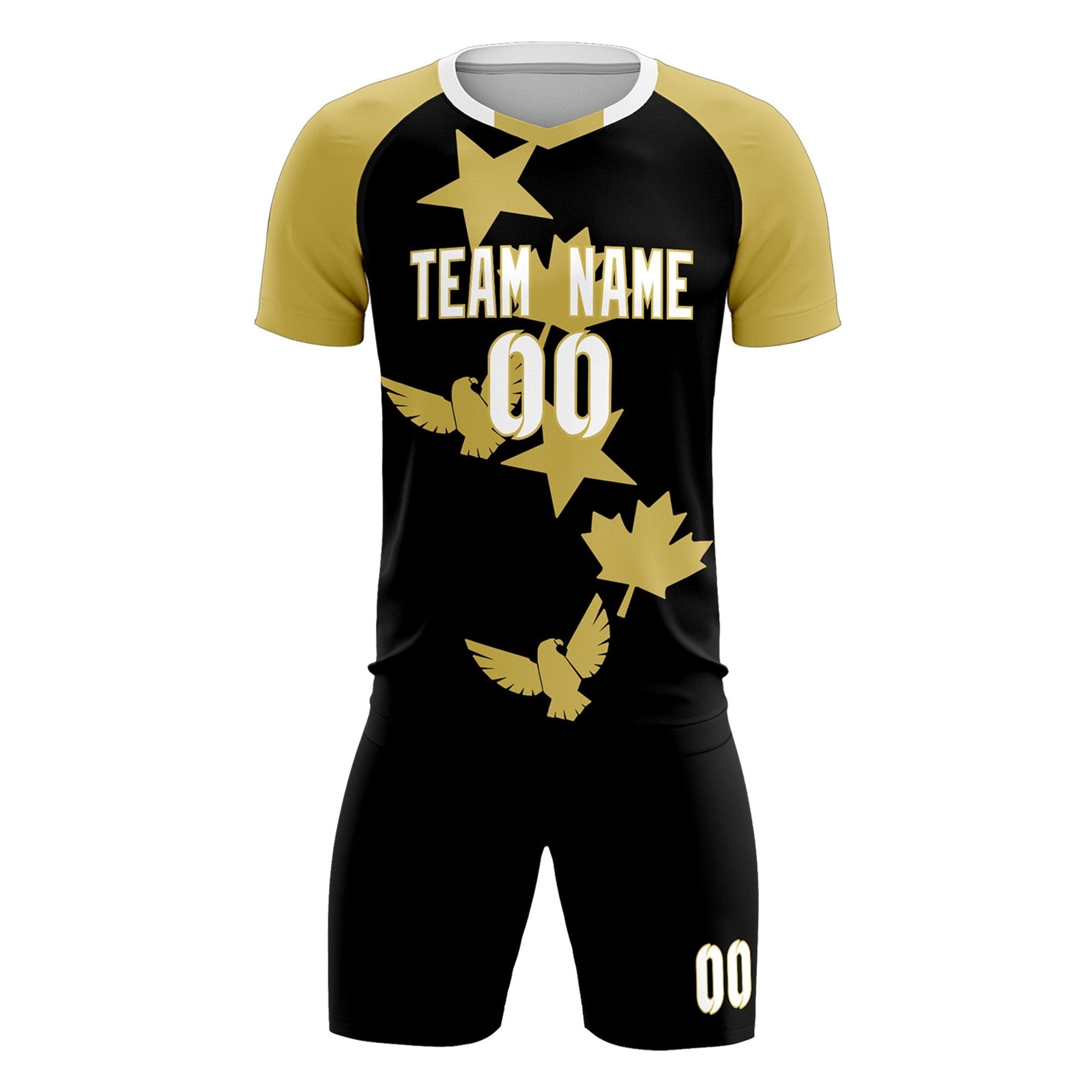 Custom Old Gold Black World Cup Inspired Wrinkle-Resistant Training Uniform Raglan Sleeve Soccer Sets Jersey