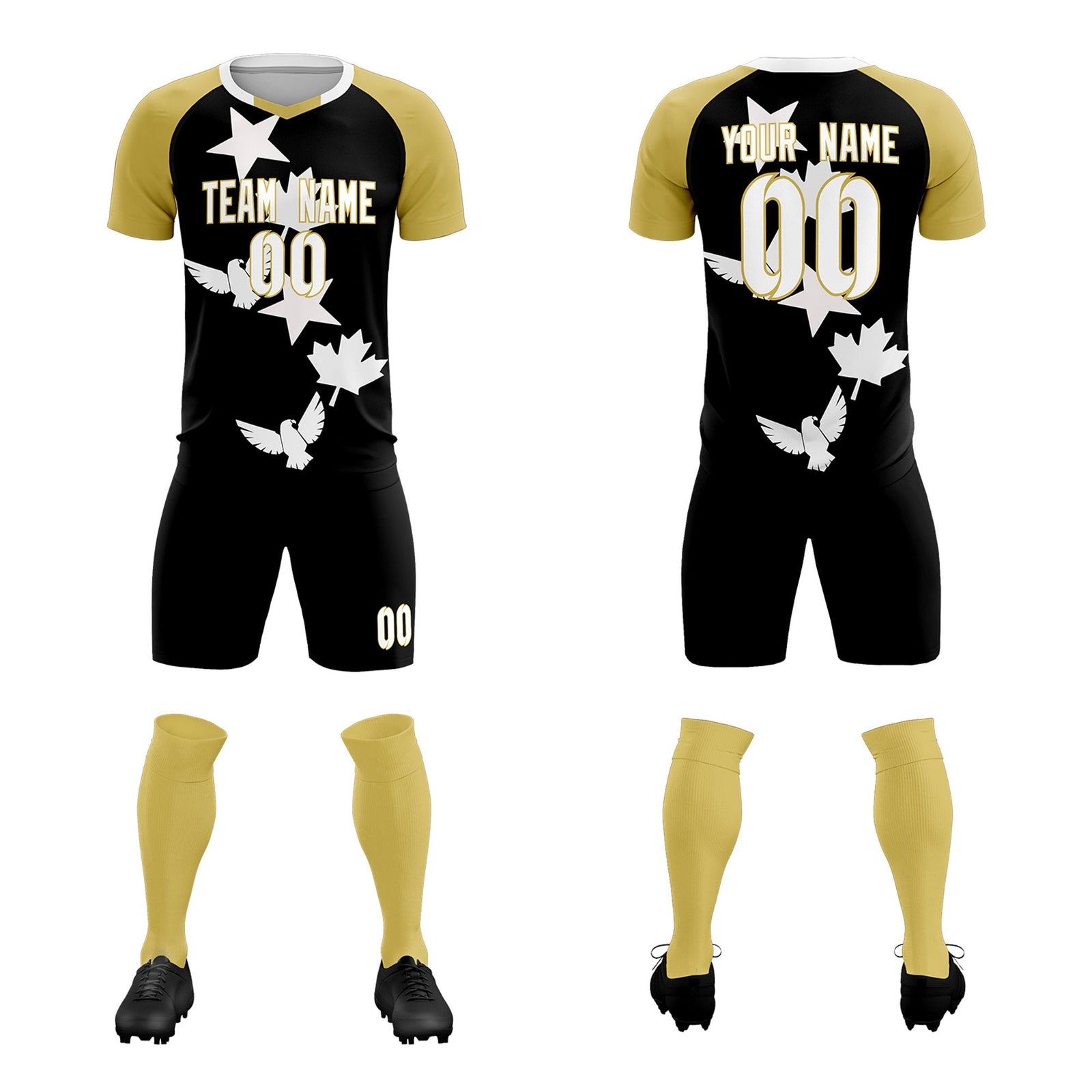 Custom Old Gold Black World Cup Inspired Quick-Drying Training Uniform Raglan Sleeve Soccer Sets Jersey