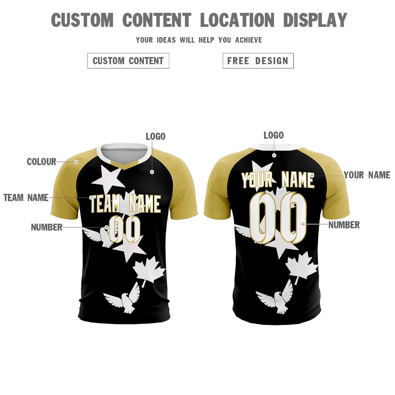 Custom Old Gold Black World Cup Inspired Quick-Drying Training Uniform Raglan Sleeve Soccer Sets Jersey