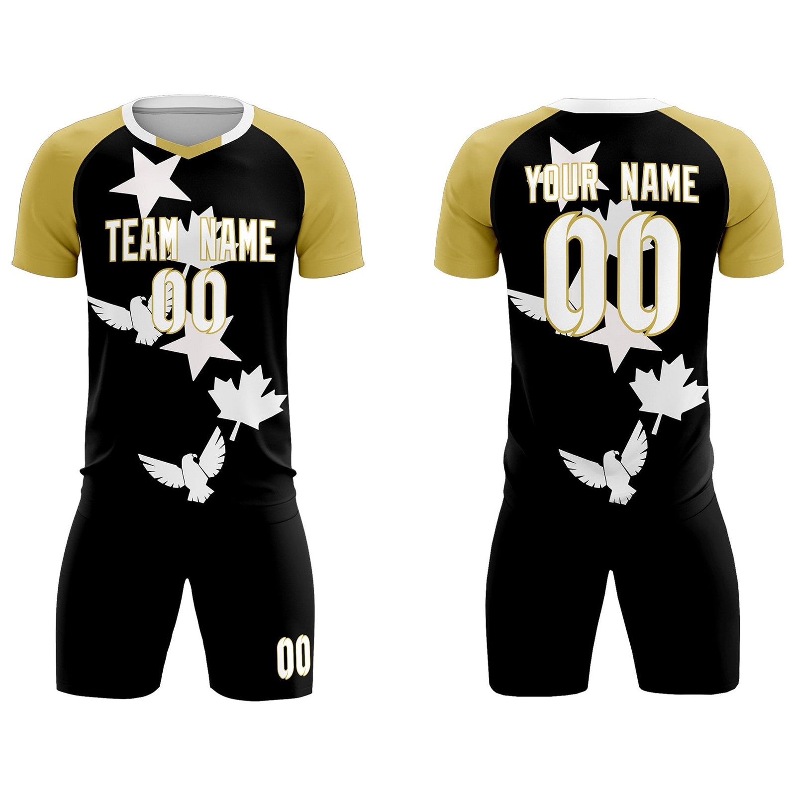 Custom Old Gold Black World Cup Inspired Quick-Drying Training Uniform Raglan Sleeve Soccer Sets Jersey