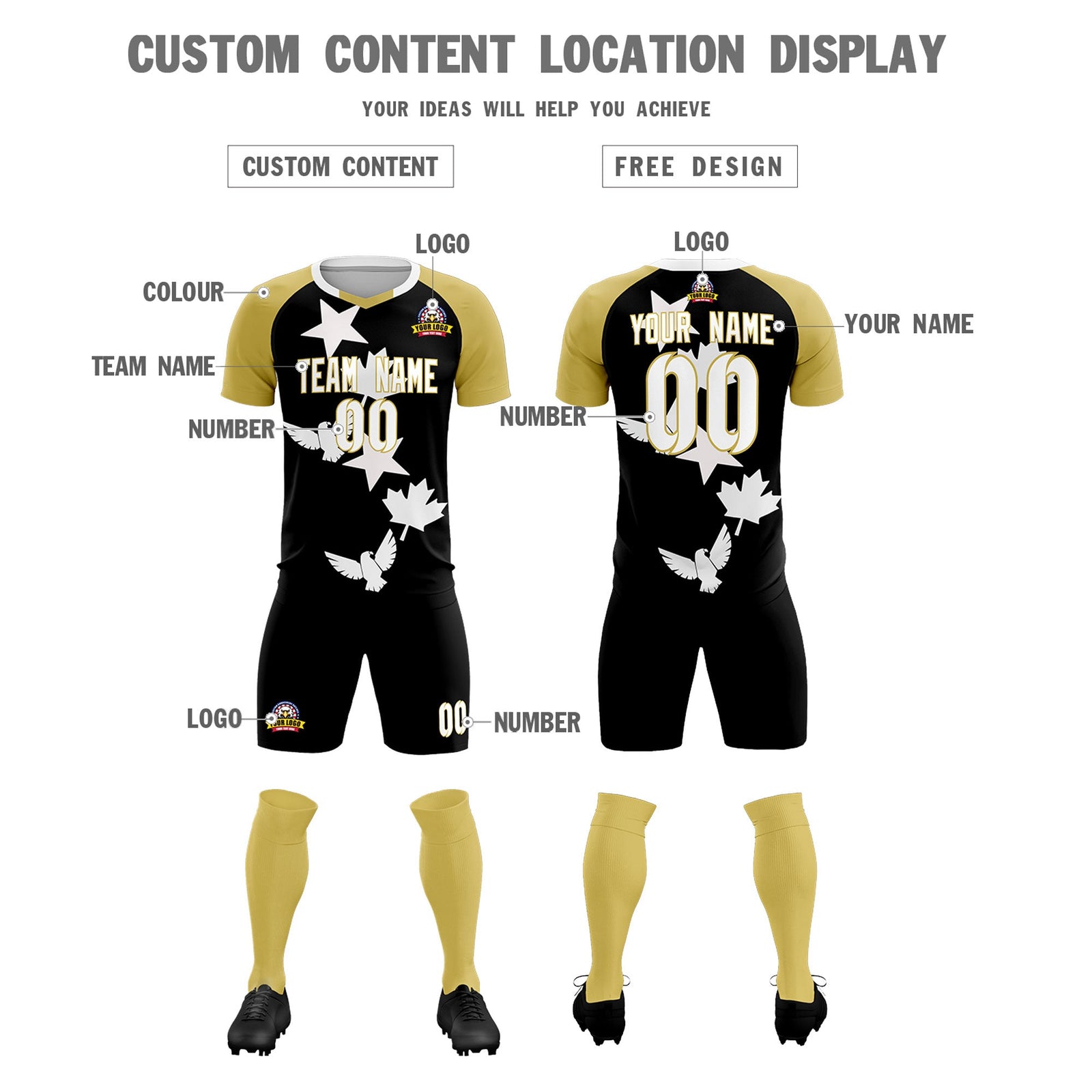 Custom Old Gold Black World Cup Inspired Quick-Drying Training Uniform Raglan Sleeve Soccer Sets Jersey