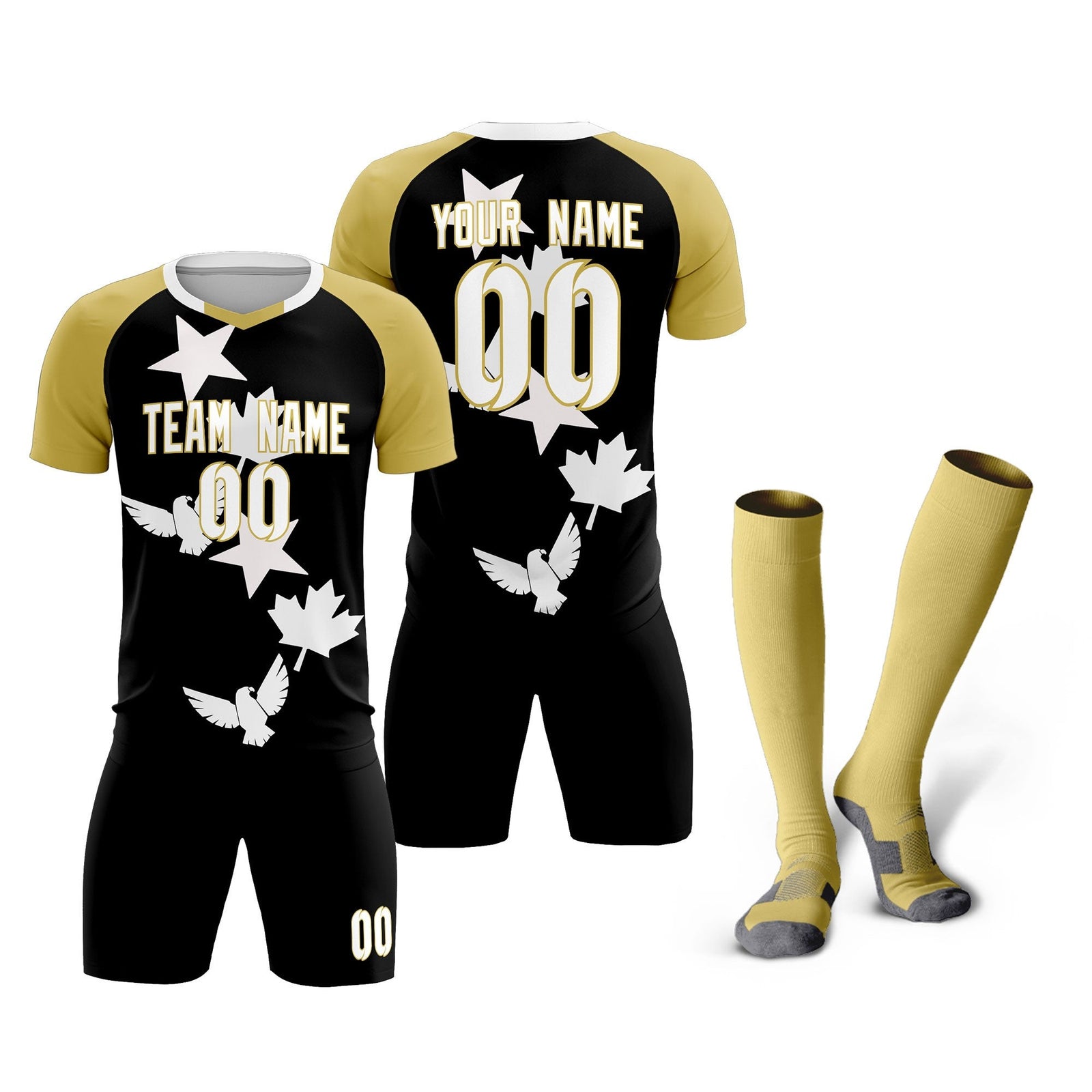 Custom Old Gold Black World Cup Inspired Quick-Drying Training Uniform Raglan Sleeve Soccer Sets Jersey