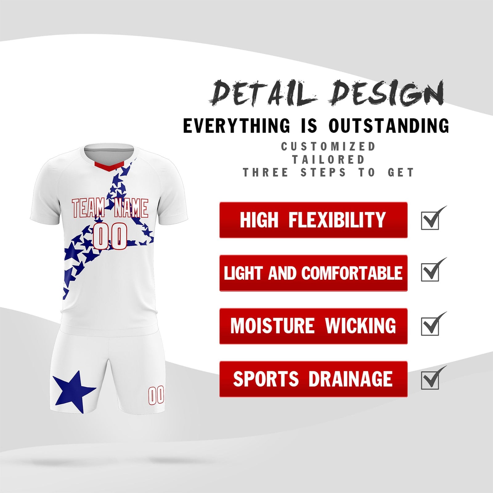 Custom White Royal America Star World Cup Inspired Drapable Graffiti Pattern Soccer Sets Jersey